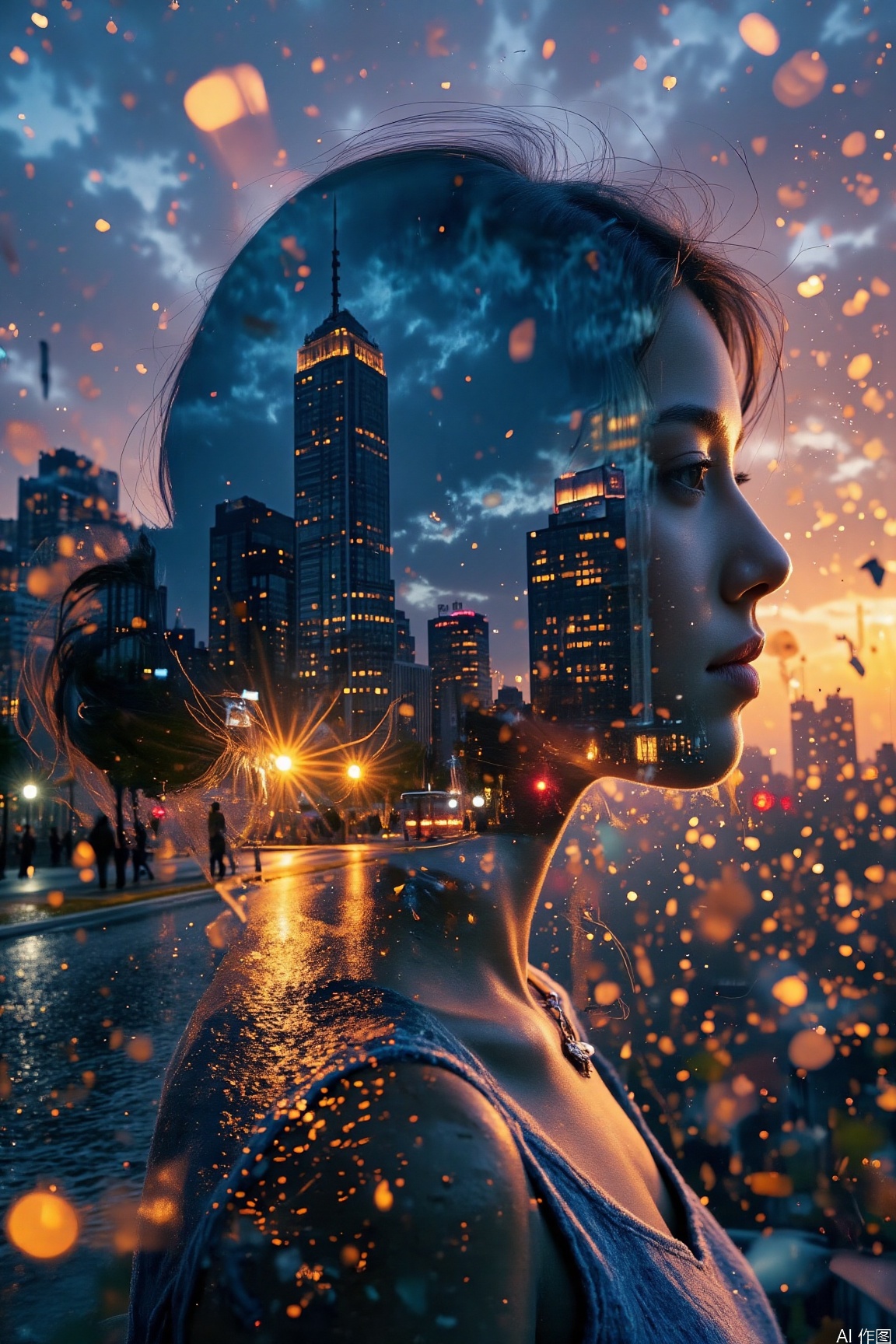 1woman,profile,This double - exposure image is filled with mysterious hues.city night,jzbj,rainy night,vivid color,necklace