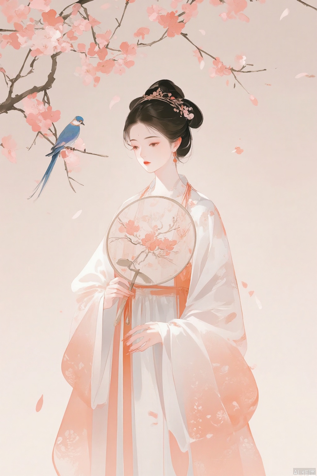 The image depicts a serene and ethereal scene with a woman dressed in traditional East Asian attire

reminiscent of ancient Chinese clothing. She is wearing a flowing robe of peach and white

adorned with delicate floral patterns

and her hair is styled in an elegant updo. She is holding a round fan

which is decorated with intricate floral designs

and a small blue bird perched on it. The background features cherry blossoms in full bloom

their pink petals gently falling around her

creating a sense of tranquility and beauty. The overall atmosphere is peaceful and harmonious

with soft pastel colors and a dreamy quality to the scene.