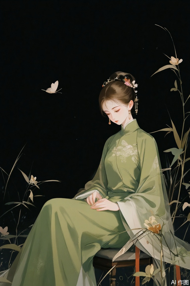  1girl, solo, brown hair, hair ornament, long sleeves, dress, sitting, flower, hair bun, chinese clothes, single hair bun, bug, black background, butterfly, green dress