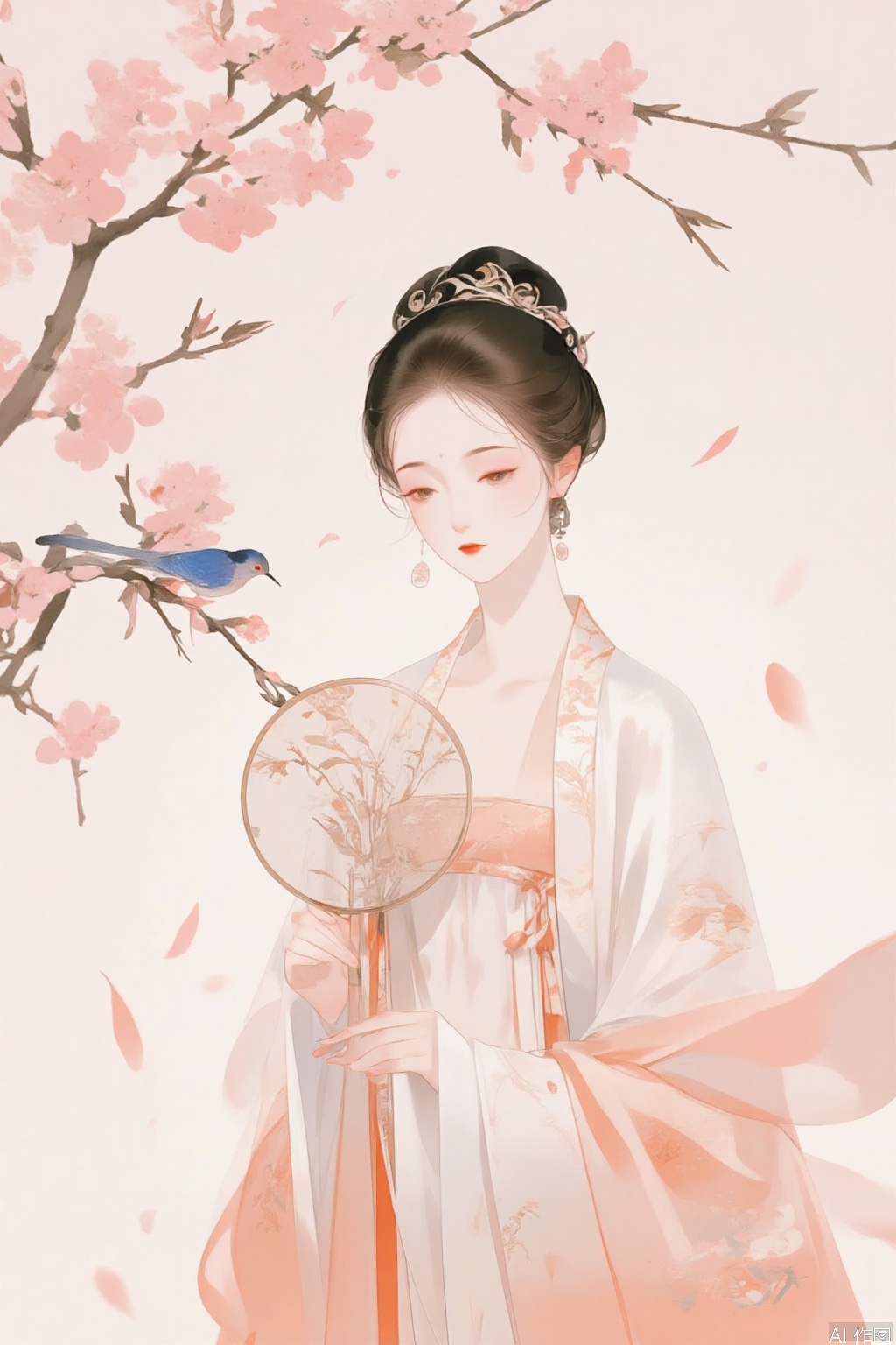 The image depicts a serene and ethereal scene with a woman dressed in traditional East Asian attire

reminiscent of ancient Chinese clothing. She is wearing a flowing robe of peach and white

adorned with delicate floral patterns

and her hair is styled in an elegant updo. She is holding a round fan

which is decorated with intricate floral designs

and a small blue bird perched on it. The background features cherry blossoms in full bloom

their pink petals gently falling around her

creating a sense of tranquility and beauty. The overall atmosphere is peaceful and harmonious

with soft pastel colors and a dreamy quality to the scene.