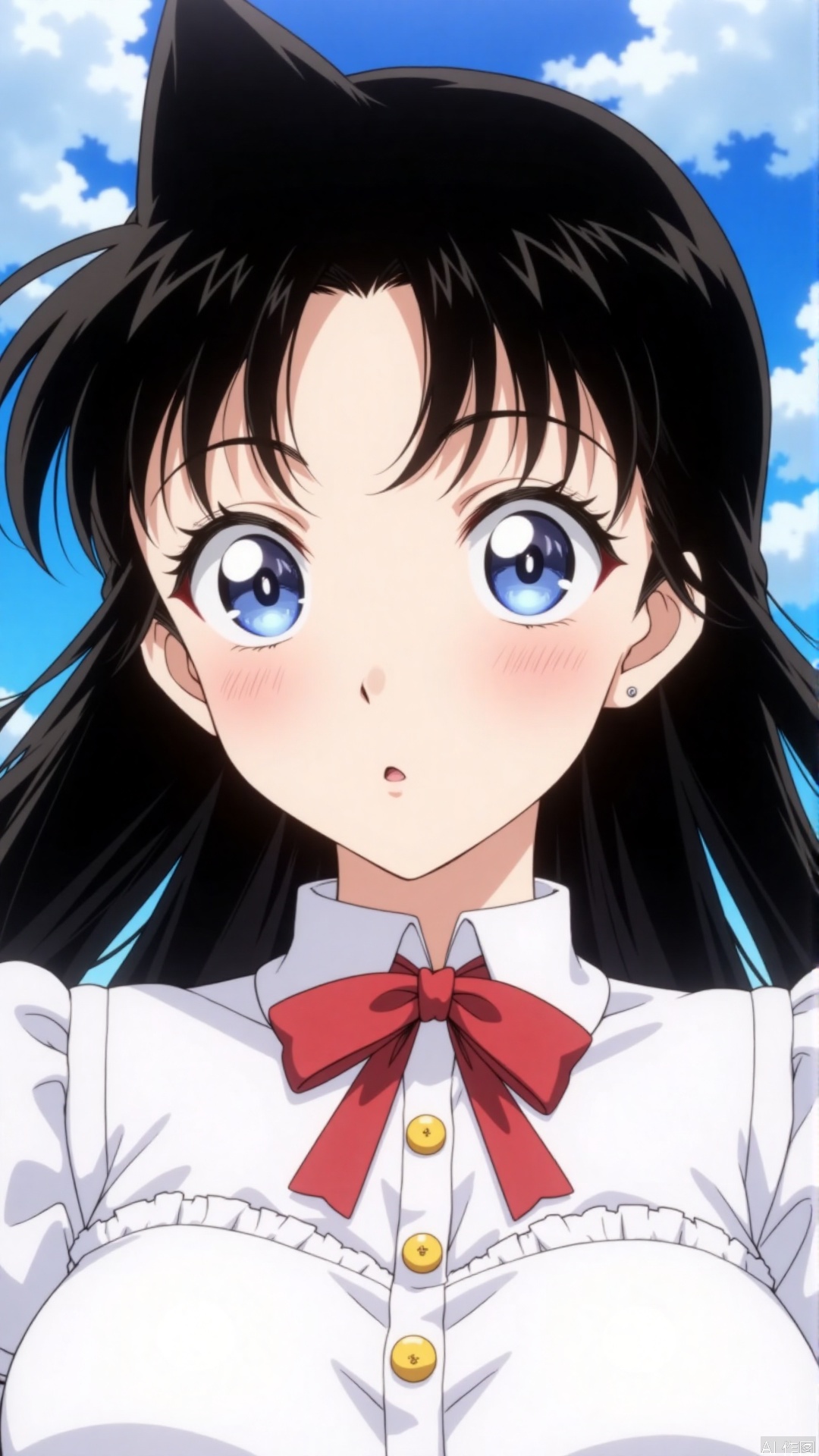 An animated image of a girl with long black hair and blue eyes. She is wearing a white dress with a red bow around her neck. The bow has three yellow buttons on it. The sky behind her is blue with white clouds.