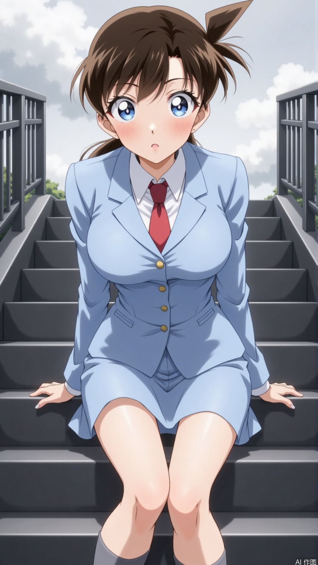 An animated image of a girl sitting on a set of stairs. The girl is wearing a light blue blazer with a white shirt and a red tie. Her eyes are blue and her hair is brown. The stairs are gray and have black railings on the sides. The sky is gray and cloudy.,xiaolan