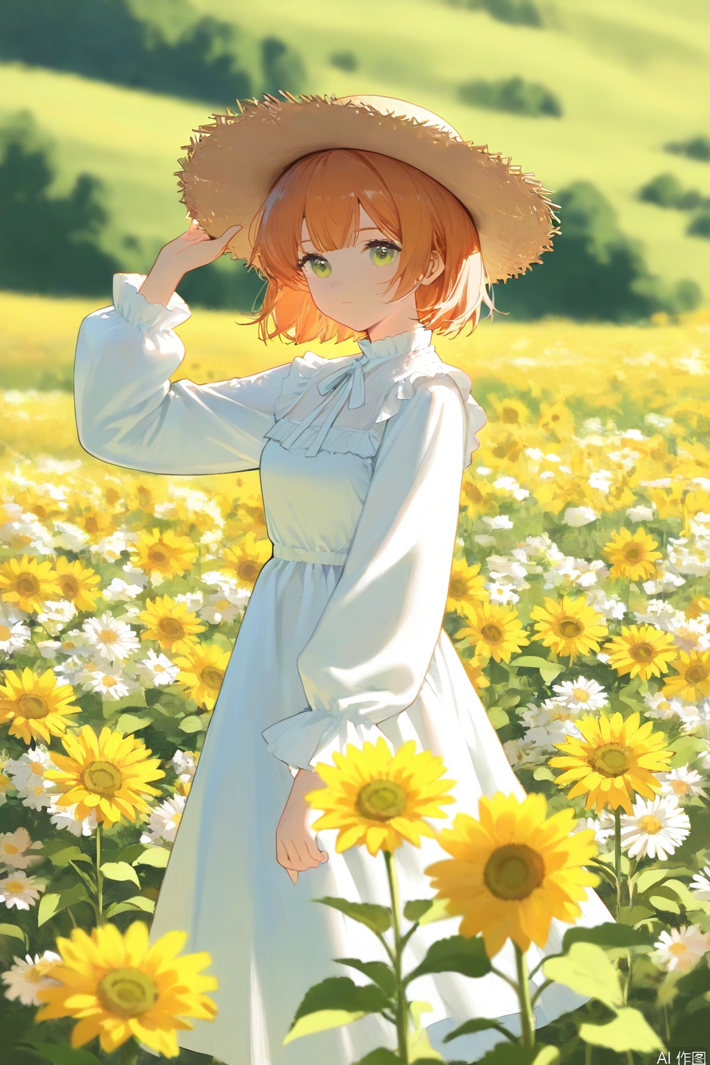 1girl,solo,looking at viewer,short hair,bangs,long sleeves,hat,dress,closed mouth,green eyes,standing,flower,outdoors,white dress,orange hair,blurry,straw hat,hand on headwear,