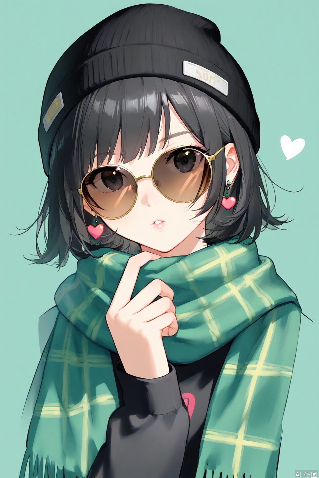 1girl,black hair,jewelry,beanie,earrings,scarf,solo,green background,hat,sunglasses,heart,green scarf,simple background,heart earrings,upper body,short hair,bangs,looking at viewer,black eyes,