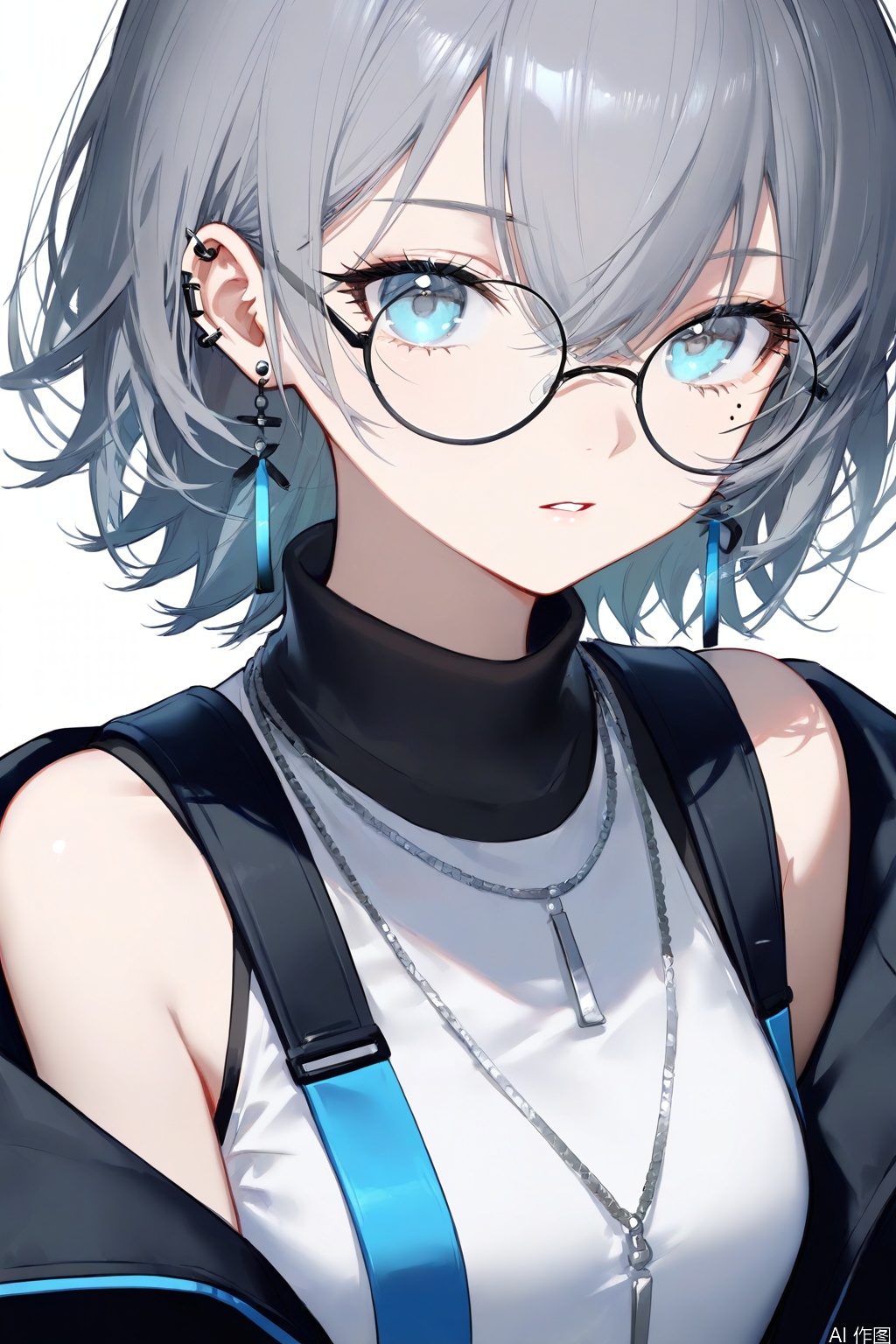 1girl, solo, looking at viewer, short hair, bangs, blue eyes, simple background, shirt, white background, hair between eyes, bare shoulders, jewelry, jacket, upper body, grey hair, earrings, parted lips, glasses, sleeveless, water, necklace, off shoulder, mole, black jacket, eyelashes, mole under eye, sleeveless shirt, piercing, ear piercing, round eyewear, eyewear strap