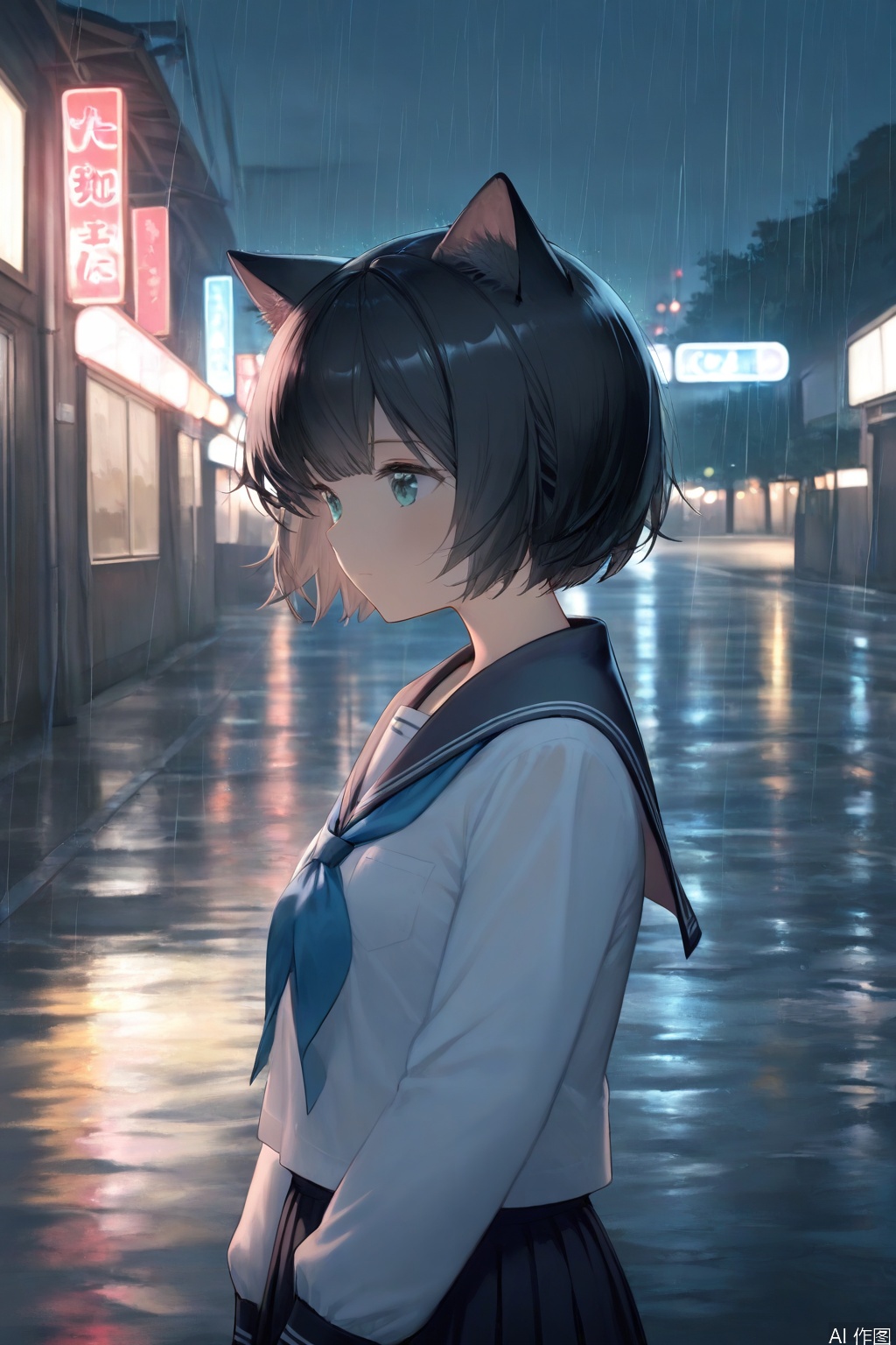 animal_ears,1girl,black_hair,sailor_collar,solo,short_hair,cat_ears,school_uniform,serafuku,black_sailor_collar,upper_body,rain,shirt,white_shirt,long_sleeves,night,closed_mouth,scenery,bangs,