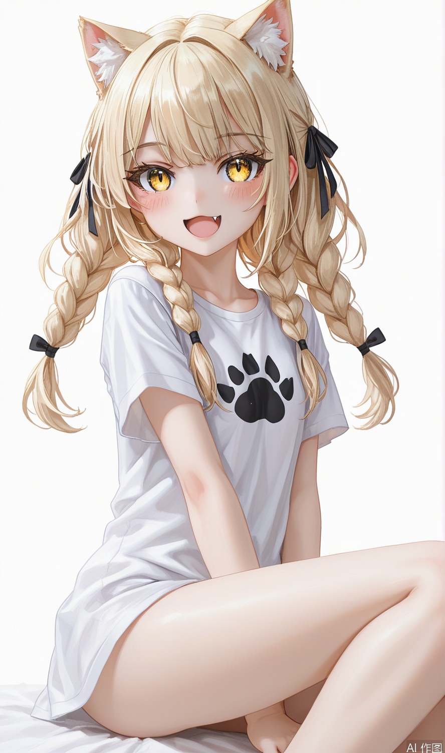 1girl, solo, long hair, looking at viewer, blush, smile, open mouth, bangs, blonde hair, simple background, shirt, white background, ribbon, animal ears, twintails, sitting, hair ribbon, yellow eyes, white shirt, braid, short sleeves, :d, fang, cat ears, twin braids, animal ear fluff, bare legs, black ribbon, extra ears