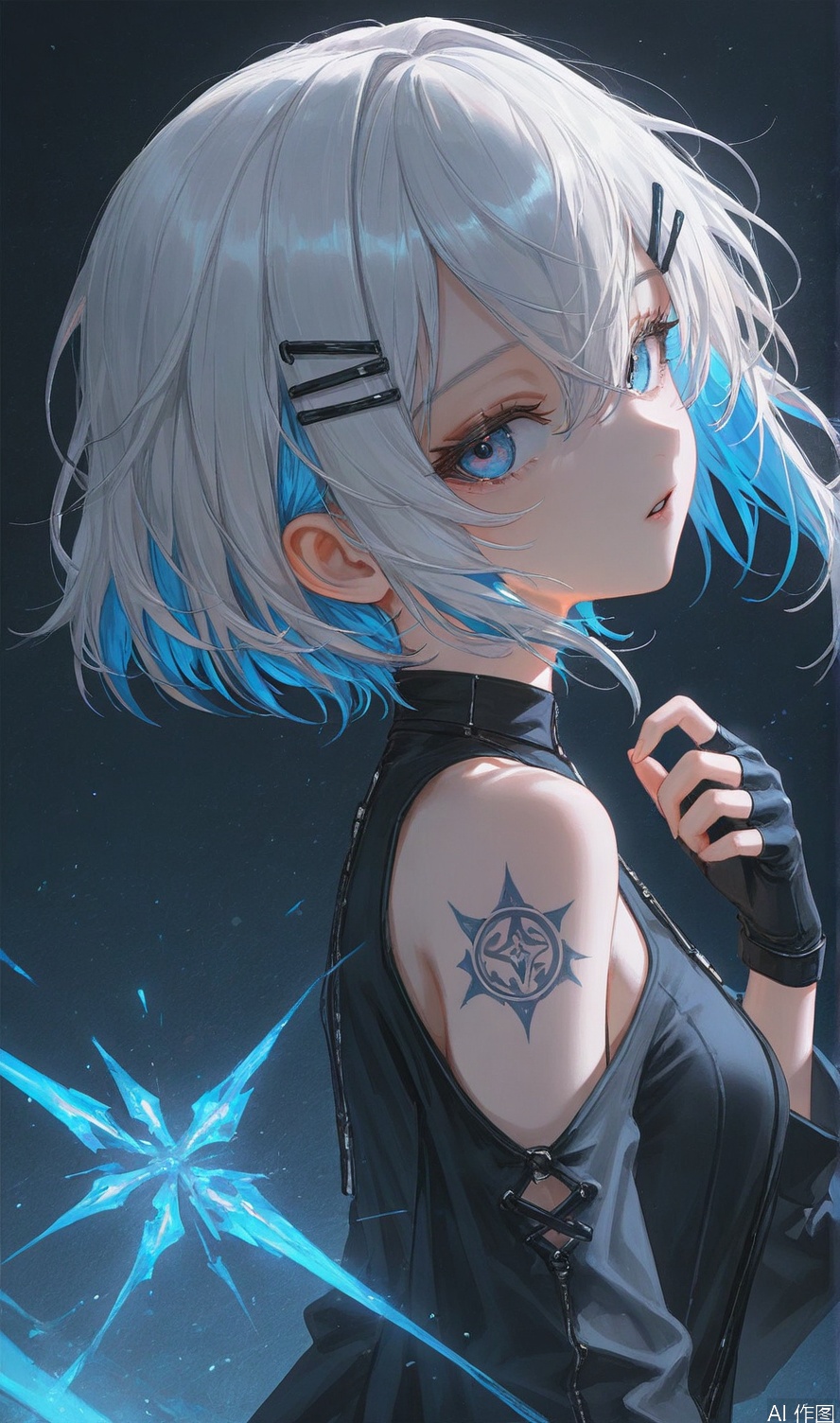 1girl, solo, looking at viewer, short hair, bangs, blue eyes, shirt, hair ornament, gloves, hair between eyes, bare shoulders, jewelry, blue hair, upper body, white hair, multicolored hair, parted lips, black gloves, hairclip, fingerless gloves, from side, two-tone hair, looking to the side, tattoo, colored inner hair, shoulder cutout