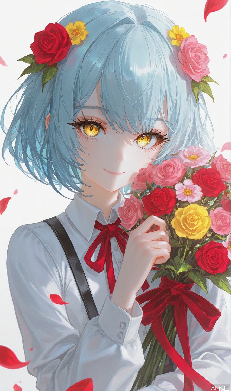 1girl, solo, looking at viewer, smile, short hair, bangs, simple background, shirt, hair ornament, long sleeves, white background, ribbon, holding, closed mouth, blue hair, yellow eyes, white shirt, upper body, flower, collared shirt, hand up, hair flower, red ribbon, petals, eyelashes, neck ribbon, rose, red flower, pink flower, bouquet, yellow flower, holding bouquet