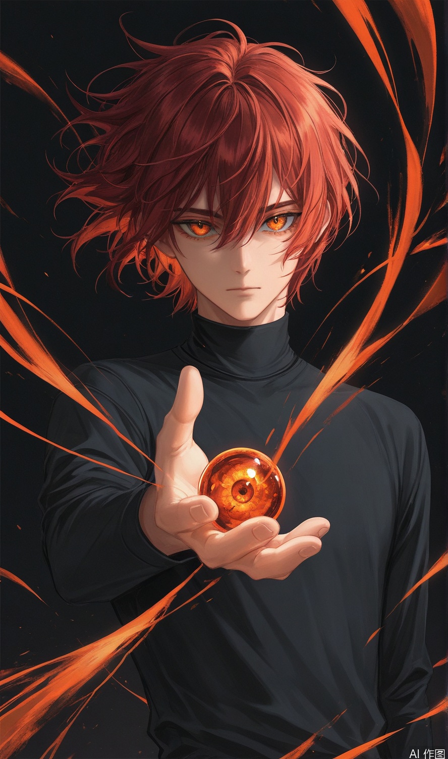 solo, looking at viewer, short hair, bangs, shirt, red eyes, long sleeves, 1boy, holding, hair between eyes, closed mouth, upper body, male focus, red hair, orange eyes, black shirt, floating hair, turtleneck, black background, wind, reaching towards viewer