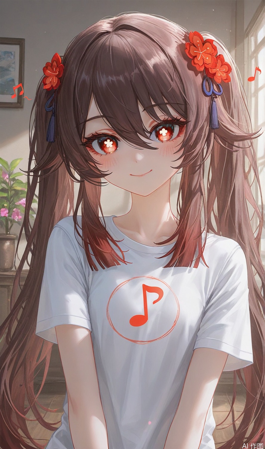 1girl, solo, long hair, looking at viewer, blush, smile, bangs, brown hair, shirt, hair ornament, red eyes, hair between eyes, twintails, closed mouth, white shirt, upper body, flower, short sleeves, alternate costume, indoors, hair flower, symbol-shaped pupils, t-shirt, musical note, eighth note, flower-shaped pupils, hu tao \(genshin impact\)