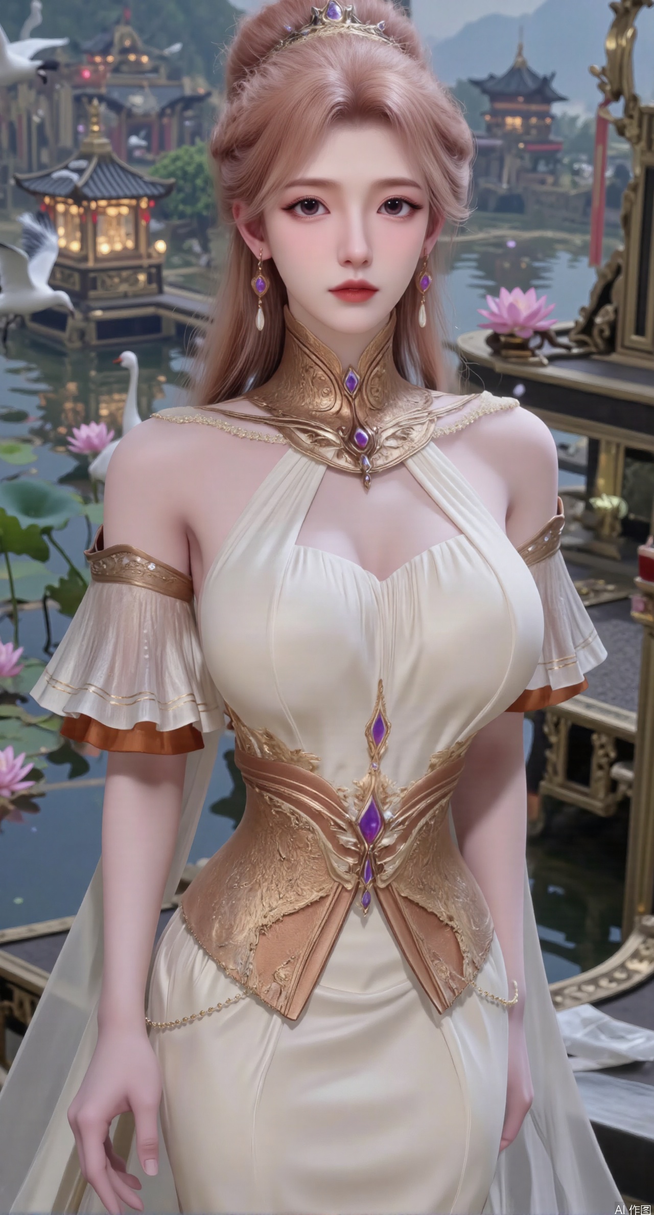  SFW,(masterpiece:1.2),best quality,1girl,solo,long hair,long dress,celestial maiden in flowing tulle gown levitates above lotus pond, Upper Body,ethereal mist trails from hair ribbons, mythical Penglai paradise emerges through clouds with glowing pavilions, translucent bioluminescent lotus blooms, flock of cranes gliding over water surface, ultra HD with soft 3D rendering, morning light filters through mist, falling petal rain, intricate details on scale-patterned fabric and lotus veins.(huge breasts:2.99),(full breasts:2.99),Xzhihua,Xsiyouyou,Xyanruyu,Xmoxiaonan,Xyeqingxian,Xyunwangshu,XlishaoyinY,Xxiaowu,Xyusanniang,XhuolingerHHY,Xwangqiuer,Xxuenv,XfuquY,XyunyunX,XchuxuanerXY,XchuxuanerX,Xjuzi,Xshangguanweier