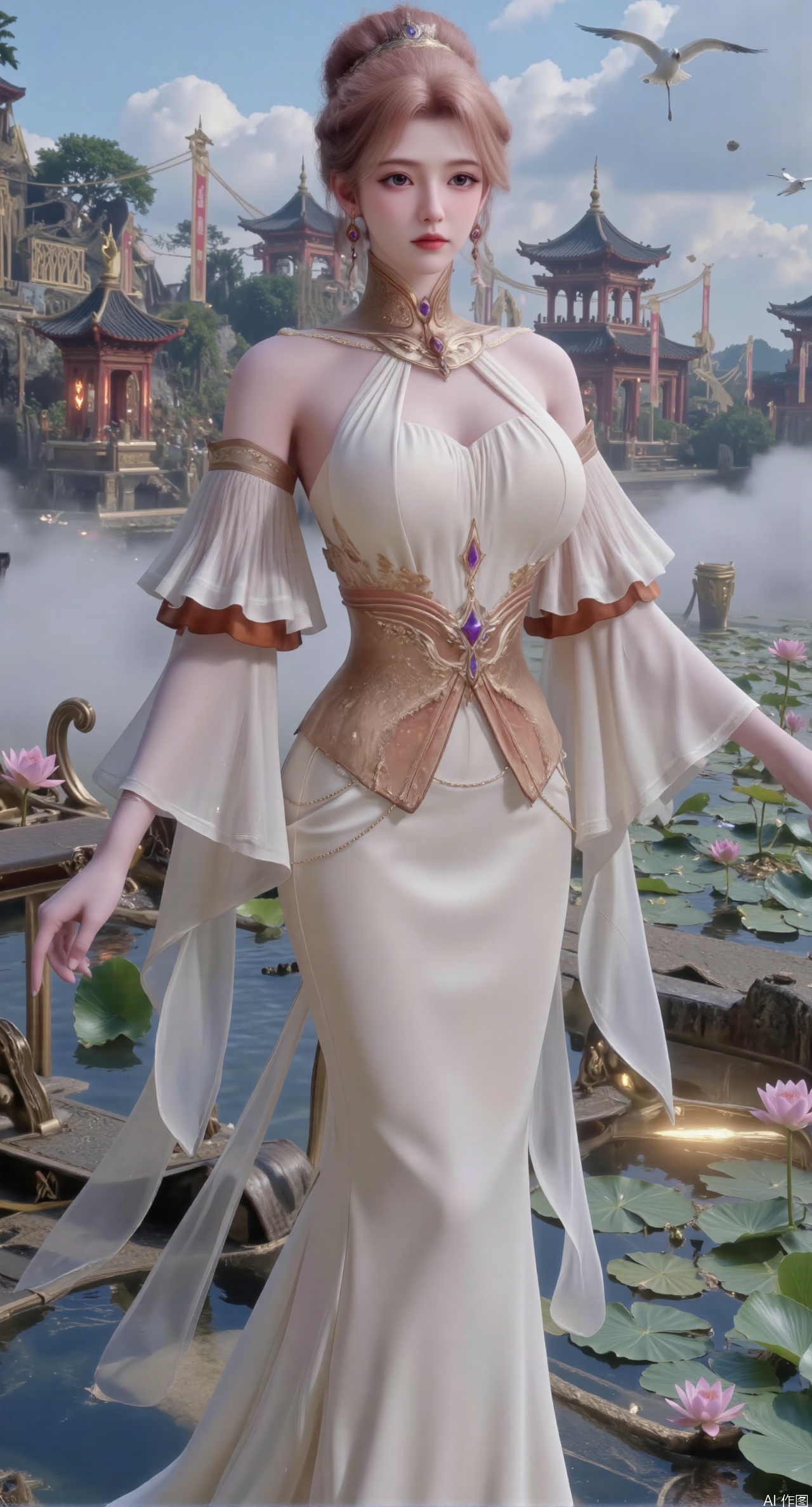  SFW,(masterpiece:1.2),best quality,1girl,solo,long hair,long dress,celestial maiden in flowing tulle gown levitates above lotus pond, Upper Body,ethereal mist trails from hair ribbons, mythical Penglai paradise emerges through clouds with glowing pavilions, translucent bioluminescent lotus blooms, flock of cranes gliding over water surface, ultra HD with soft 3D rendering, morning light filters through mist, falling petal rain, intricate details on scale-patterned fabric and lotus veins.(huge breasts:2.99),(full breasts:2.99),Xzhihua,Xsiyouyou,Xyanruyu,Xmoxiaonan,Xyeqingxian,Xyunwangshu,XlishaoyinY,Xxiaowu,Xyusanniang,XhuolingerHHY,Xwangqiuer,Xxuenv,XfuquY,XyunyunX,XchuxuanerXY,XchuxuanerX,Xjuzi,Xshangguanweier
