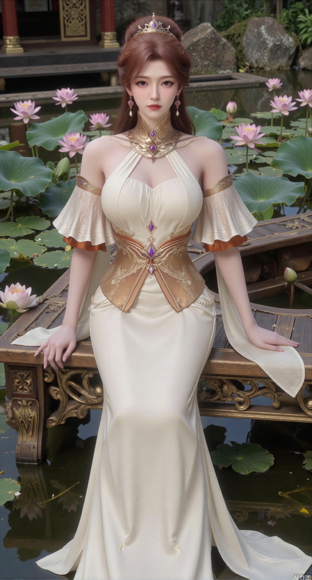  SFW,(masterpiece:1.2),best quality,The image is a digital illustration of a young woman sitting on a wooden bench in a pond with lily pads. She is wearing a long dress with design on the chest and sleeves. The dress has a high neckline and short sleeves,Holding a lotus in hand. She has long dark hair styled in loose waves and is wearing gold high heels. The woman is posing with one hand on her hip and the other resting on the edge of the bench. The background is filled with pink and white lotus flowers and green leaves. The overall mood of the image is peaceful and serene,(huge breasts:2.99),(full breasts:2.99),(Background with traditional Chinese architecture, lotus pond and pink lotus flowers:1.39),,Xanmiaoyi,Xyunwangshu,XlishaoyinY,Xbaixue,XanmiaoyiY,Xxiuqiuhua,XbaiyuerongY,Xnanqiuqiu,Xqianrenxue,XyunyunX,XqingnvzongZM,Xjuzi