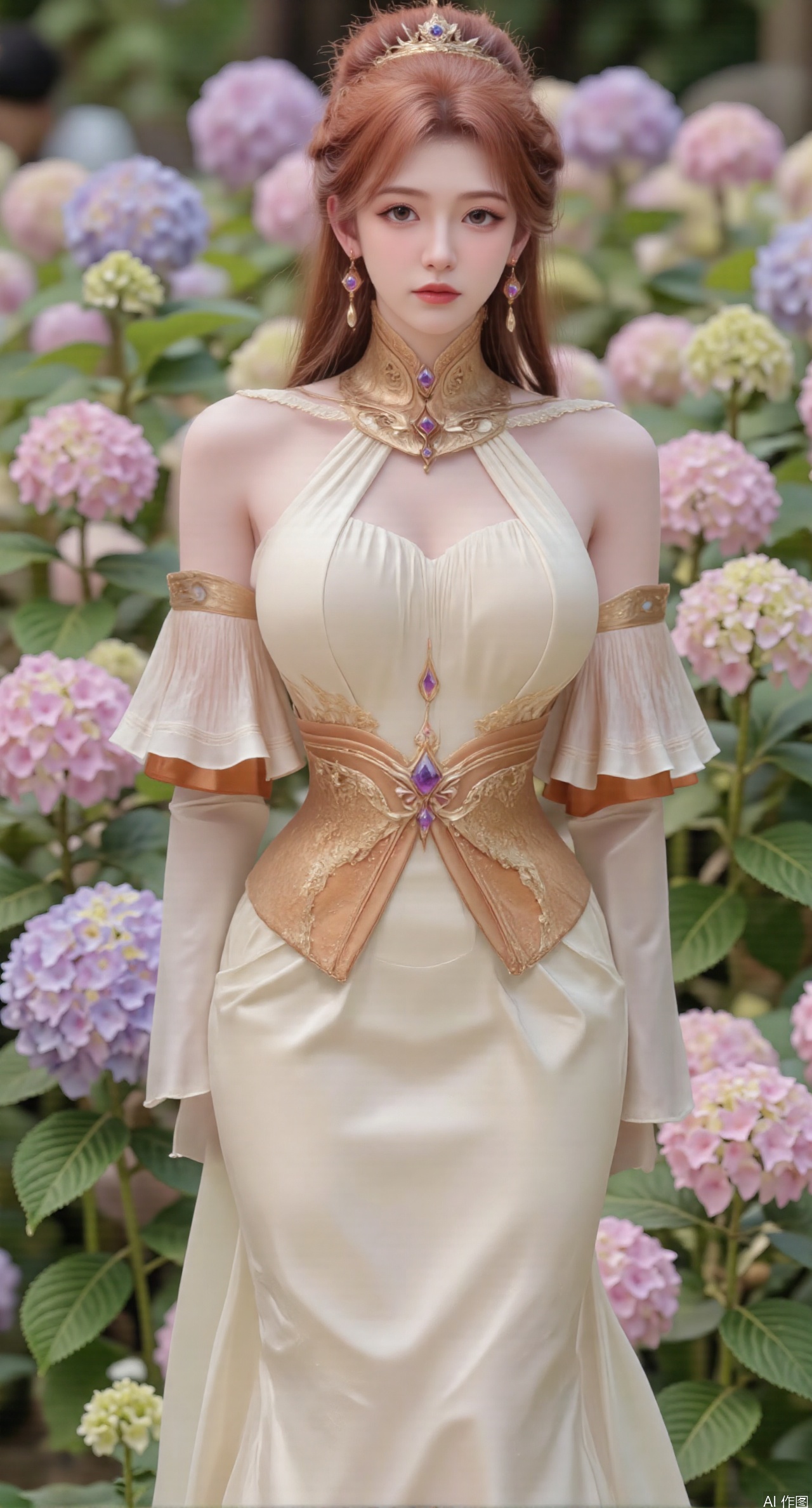 SFW,(masterpiece:1.2),best quality,absurdres,masterpiece,original,extremely detailed wallpaper,perfect lighting,1girl,solo,looking at viewer,(cowboy_shot:1.3),long hair,high heels,blurry background,depth of field,motion blur,(long dress:1.23),china_dress,chinese_style,bare shouders,crystal_earrings,headpiece,hair_tie,chest_jewel,gem,necklace,jewelry,in summer,day,outdoors,nature,garden,,(standing,Hydrangea, Hydrangea Field:1.59),(huge breasts:2.99),(full breasts:2.99),Xzhihua,Xsiyouyou,Xyanruyu,Xmoxiaonan,Xyeqingxian,Xyunwangshu,XlishaoyinY,Xxiaowu,Xyusanniang,XhuolingerHHY,Xwangqiuer,Xxuenv,XyunyunX,XqingnvzongZM,Xjuzi