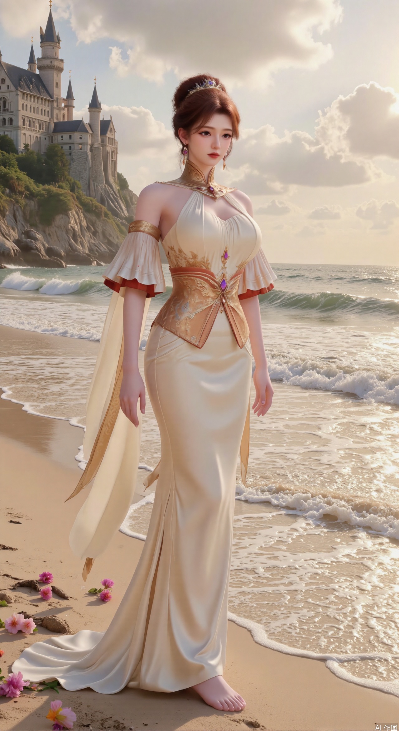  SFW,(masterpiece:1.2),best quality,3d anime style, cg,absurdres,masterpiece,original,extremely detailed wallpaper,perfect lighting,official art, A young woman in embroidered qipao standing barefoot on golden sandy beach, colorful flowers around feet, ocean waves washing over feet, white medieval castle with pointed towers resembling Neuschwanstein Castle perched on steep cliff in background, golden sunset rays piercing through clouds, ultra-wide angle composition with detailed foreground sand textures, dynamic mid-shot of figure interacting with waves, three-dimensional castle structure in background, high saturation colors, 8K resolution, precise depth of field control, HDR lighting, surreal elements blended with photorealistic details, realistic water reflections, intricate silk fabric texture, castle floating in mist atmosphere,(huge breasts:2.99),(full breasts:2.99),Xhenge,Xshisanyi,XyunyunX,XqingnvzongZM,Xjuzi