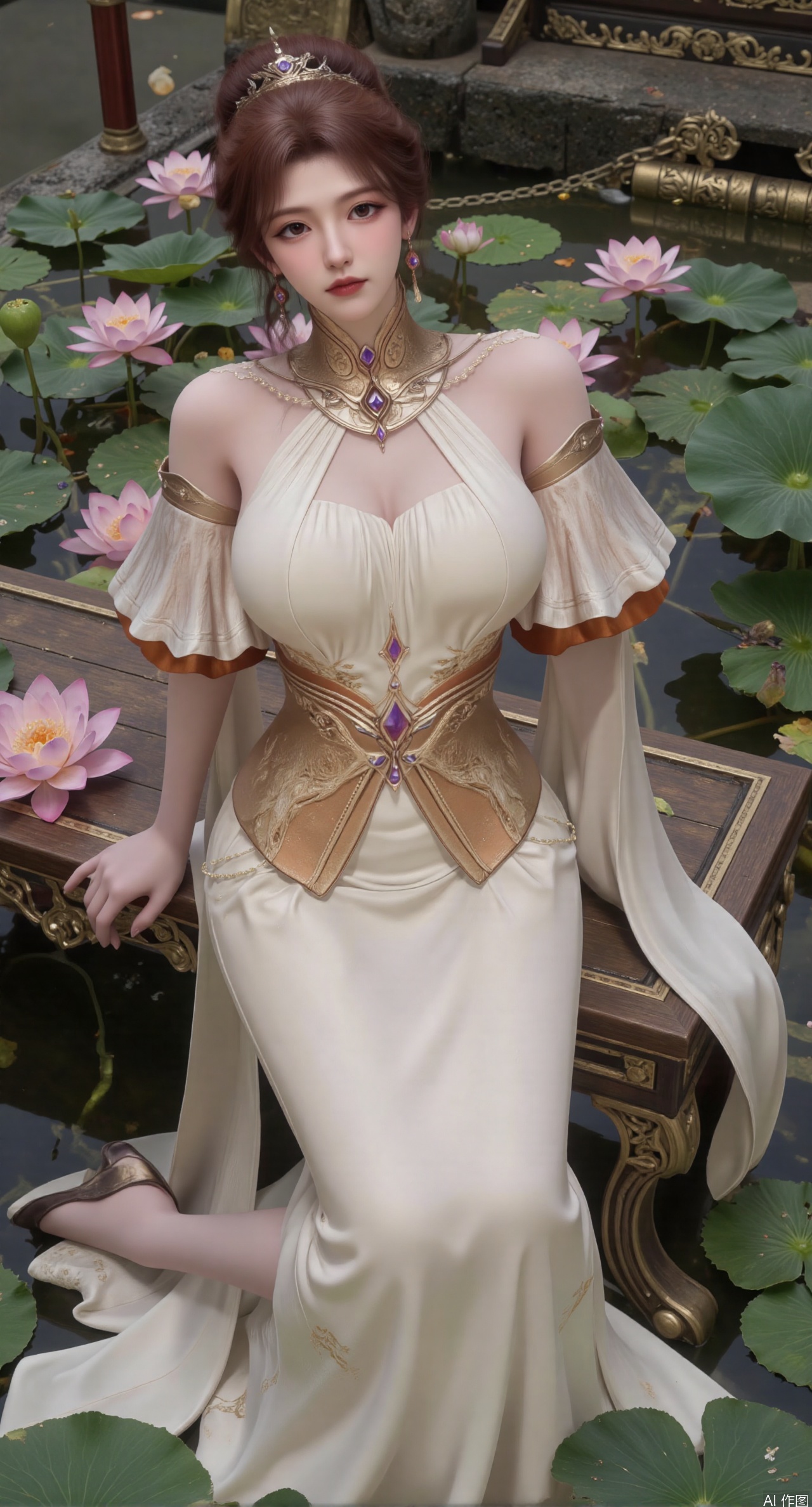  SFW,(masterpiece:1.2),best quality,The image is a digital illustration of a young woman sitting on a wooden bench in a pond with lily pads. She is wearing a long dress with design on the chest and sleeves. The dress has a high neckline and short sleeves,Holding a lotus in hand. She has long dark hair styled in loose waves and is wearing gold high heels. The woman is posing with one hand on her hip and the other resting on the edge of the bench. The background is filled with pink and white lotus flowers and green leaves. The overall mood of the image is peaceful and serene,(huge breasts:2.99),(full breasts:2.99),(Background with traditional Chinese architecture, lotus pond and pink lotus flowers:1.39),,Xanmiaoyi,Xyunwangshu,XlishaoyinY,Xbaixue,XanmiaoyiY,Xxiuqiuhua,XbaiyuerongY,Xnanqiuqiu,Xqianrenxue,XyunyunX,XqingnvzongZM,Xjuzi