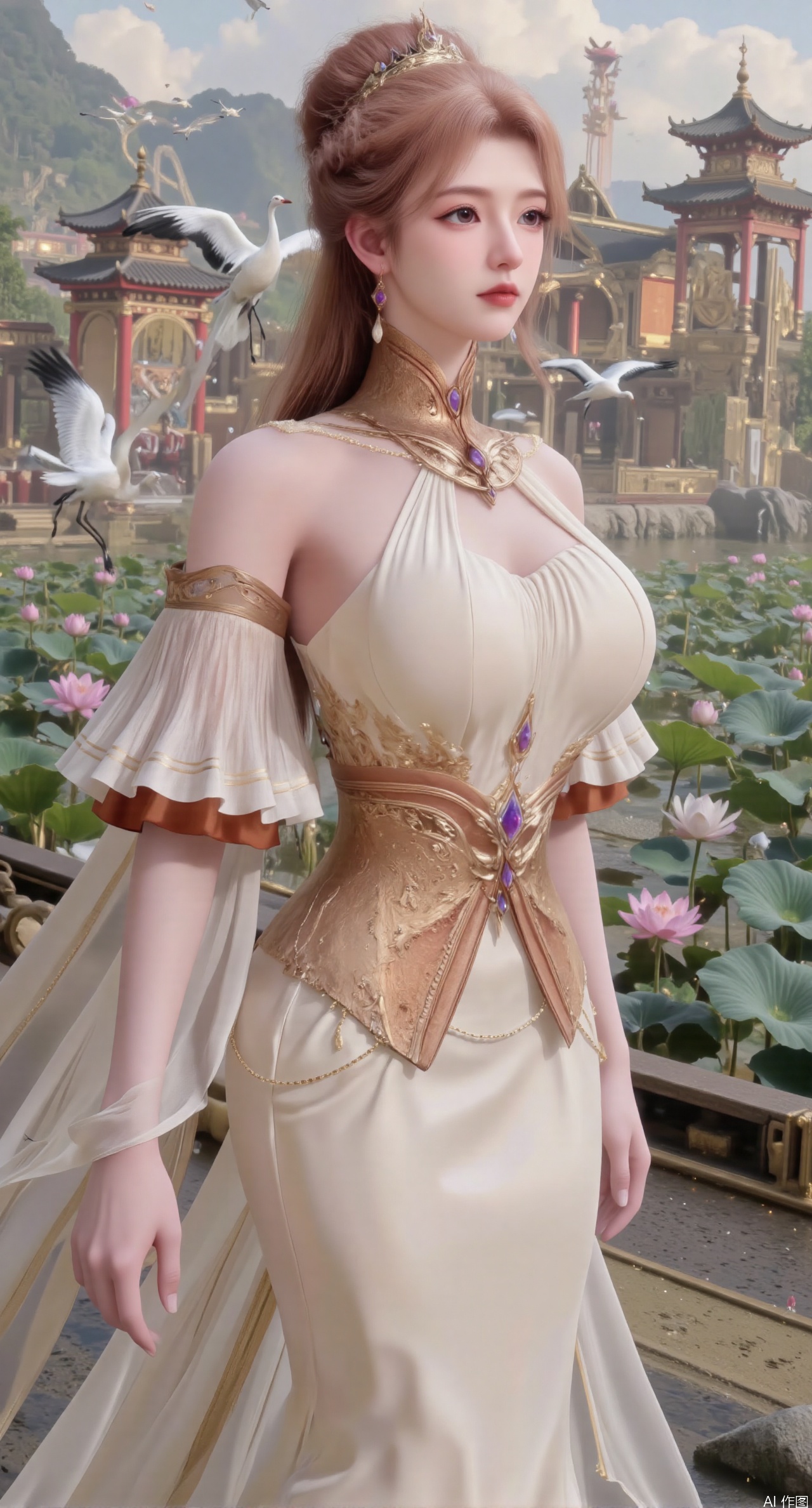  SFW,(masterpiece:1.2),best quality,1girl,solo,long hair,long dress,celestial maiden in flowing tulle gown levitates above lotus pond, Upper Body,ethereal mist trails from hair ribbons, mythical Penglai paradise emerges through clouds with glowing pavilions, translucent bioluminescent lotus blooms, flock of cranes gliding over water surface, ultra HD with soft 3D rendering, morning light filters through mist, falling petal rain, intricate details on scale-patterned fabric and lotus veins.(huge breasts:2.99),(full breasts:2.99),Xzhihua,Xsiyouyou,Xyanruyu,Xmoxiaonan,Xyeqingxian,Xyunwangshu,XlishaoyinY,Xxiaowu,Xyusanniang,XhuolingerHHY,Xwangqiuer,Xxuenv,XfuquY,XyunyunX,XchuxuanerXY,XchuxuanerX,Xjuzi,Xshangguanweier