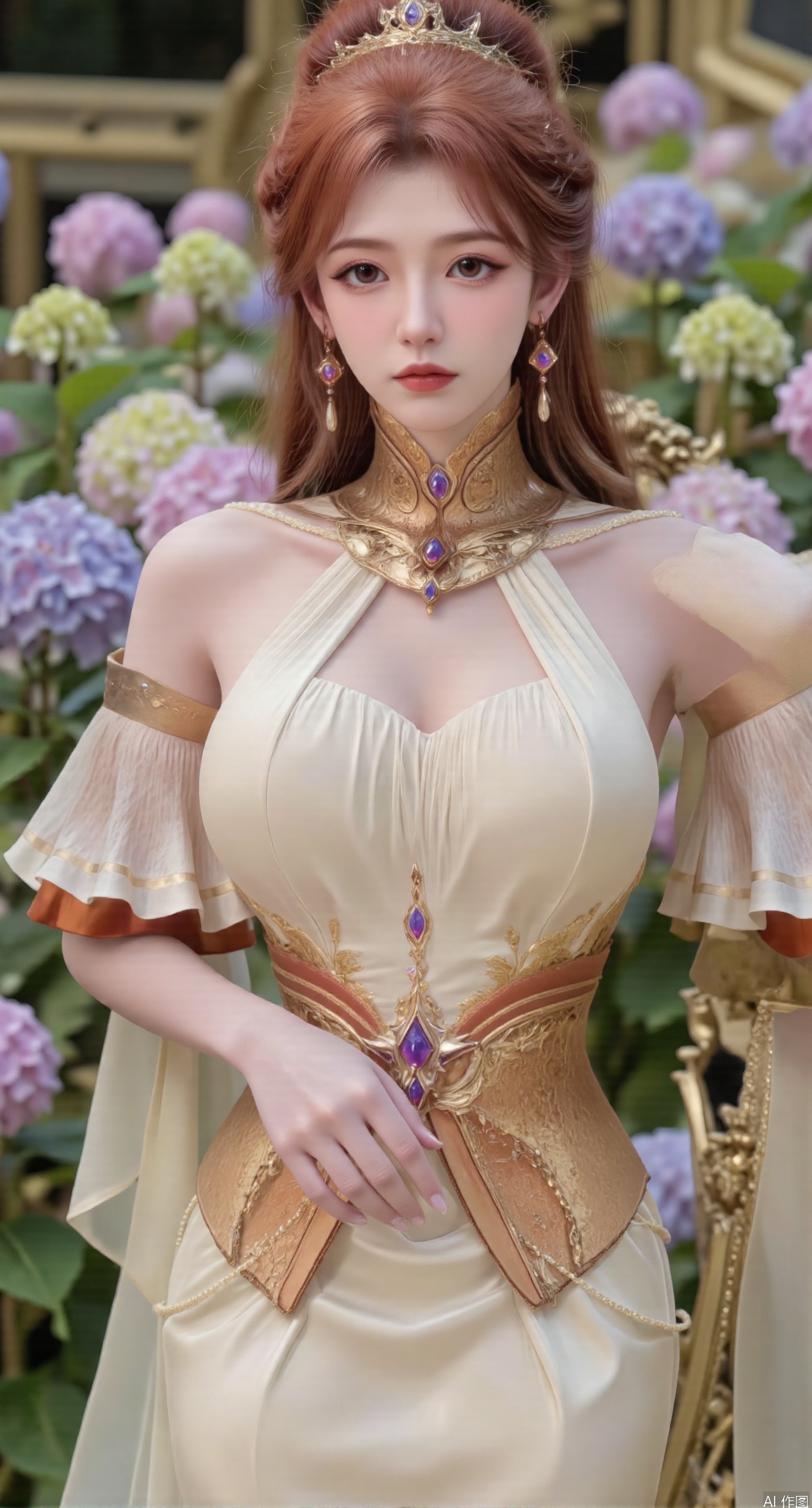  SFW,(masterpiece:1.2),best quality,absurdres,masterpiece,original,extremely detailed wallpaper,perfect lighting,1girl,solo,looking at viewer,(cowboy_shot:1.3),long hair,high heels,blurry background,depth of field,motion blur,(long dress:1.23),china_dress,chinese_style,bare shouders,crystal_earrings,headpiece,hair_tie,chest_jewel,gem,necklace,jewelry,in summer,day,outdoors,nature,garden,,(standing,Hydrangea, Hydrangea Field:1.59),(huge breasts:2.99),(full breasts:2.99),Xzhihua,Xsiyouyou,Xyanruyu,Xmoxiaonan,Xyeqingxian,Xyunwangshu,XlishaoyinY,Xxiaowu,Xyusanniang,XhuolingerHHY,Xwangqiuer,Xxuenv,XyunyunX,XqingnvzongZM,Xjuzi