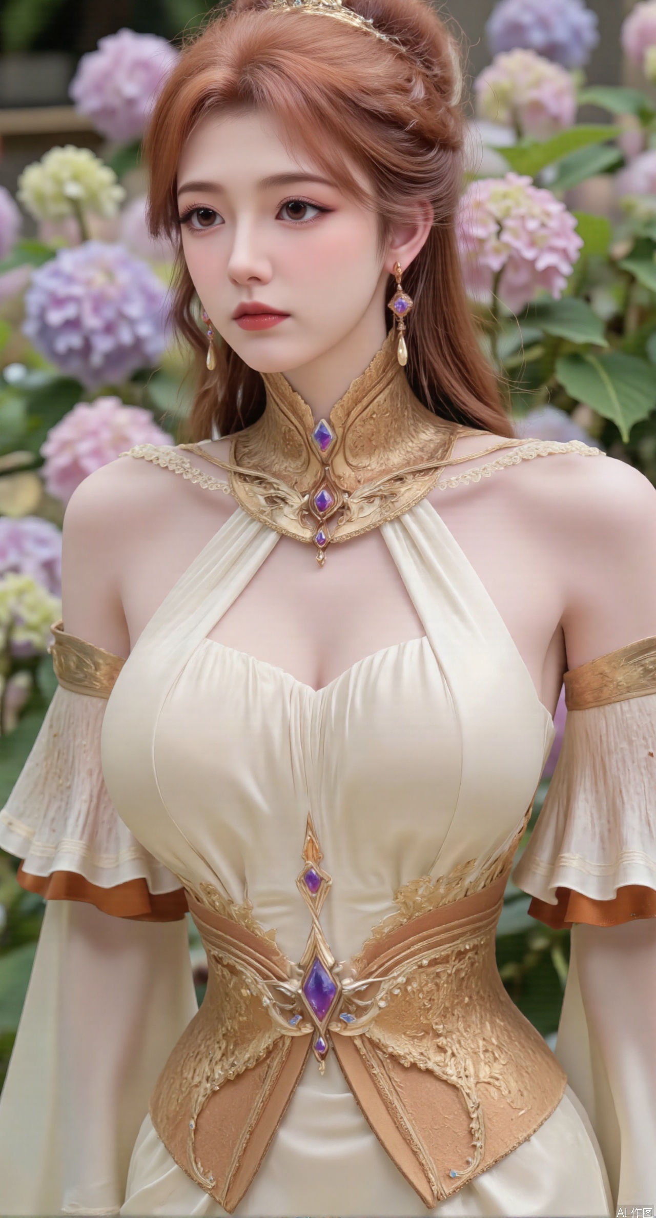  SFW,(masterpiece:1.2),best quality,absurdres,masterpiece,original,extremely detailed wallpaper,perfect lighting,1girl,solo,looking at viewer,(cowboy_shot:1.3),long hair,high heels,blurry background,depth of field,motion blur,(long dress:1.23),china_dress,chinese_style,bare shouders,crystal_earrings,headpiece,hair_tie,chest_jewel,gem,necklace,jewelry,in summer,day,outdoors,nature,garden,,(standing,Hydrangea, Hydrangea Field:1.59),(huge breasts:2.99),(full breasts:2.99),Xzhihua,Xsiyouyou,Xyanruyu,Xmoxiaonan,Xyeqingxian,Xyunwangshu,XlishaoyinY,Xxiaowu,Xyusanniang,XhuolingerHHY,Xwangqiuer,Xxuenv,XyunyunX,XqingnvzongZM,Xjuzi