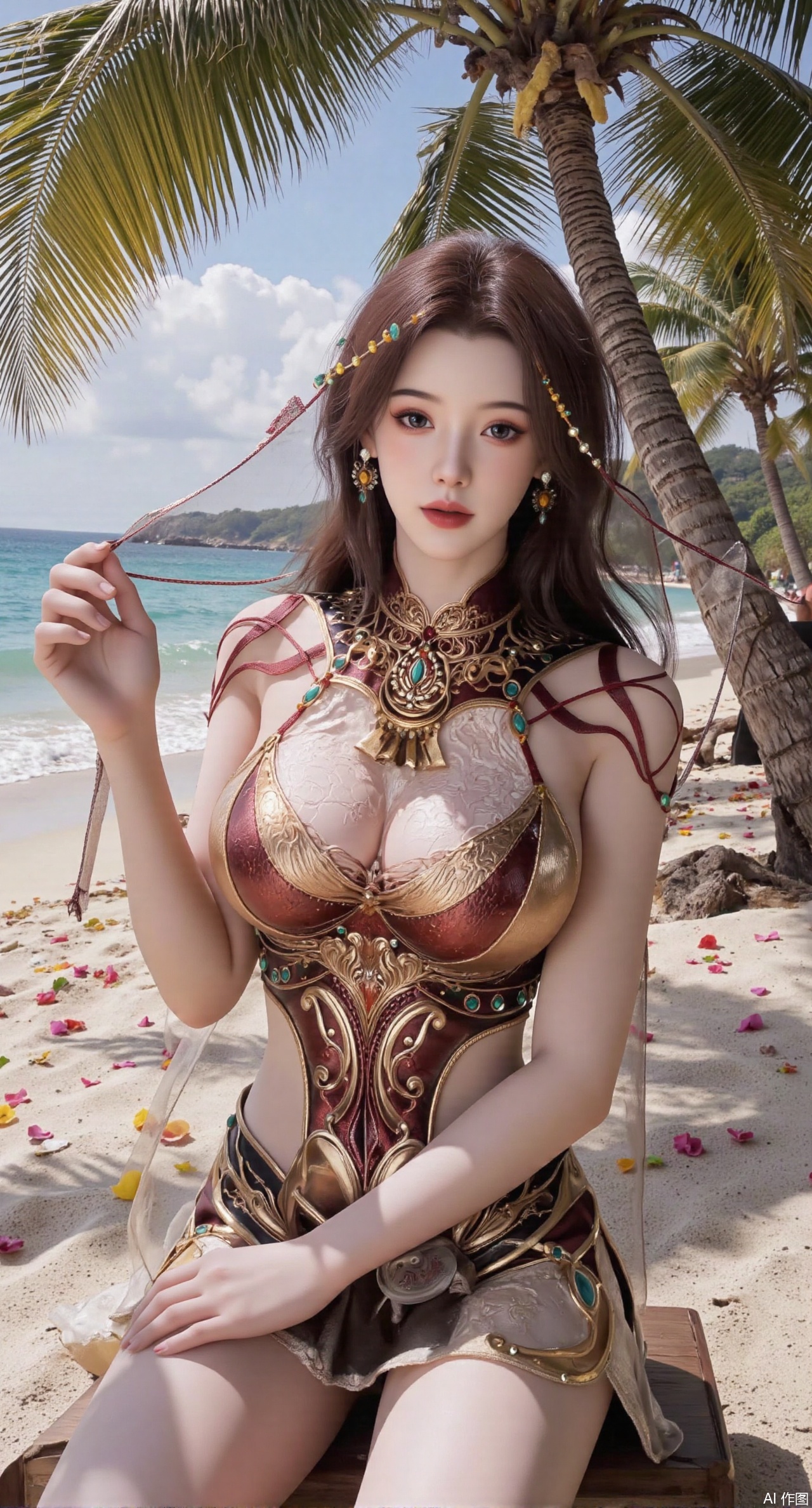  SSFW,(masterpiece:1.2),best quality,absurdres,masterpiece,original,extremely detailed wallpaper,perfect lighting,Golden sandy beach covered with vibrant flowers, turquoise waves gently lapping the shore, elegant woman in embroidered qipao swinging on a wooden swing under coconut trees, bright flower clusters spreading from sand to palm tree roots, soft natural light filtering through coconut leaves, ocean breeze lifting hair and qipao hem, high-resolution details showcasing petal textures and silk fabric sheen, ultra-wide angle lens capturing coastline panorama, cinematic color grading with soft focus on the central figure,(huge breasts:2.99),(full breasts:2.99),Xanmiaoyi,Xyunwangshu,XlishaoyinY,Xbaixue,XanmiaoyiY,Xxiuqiuhua,XbaiyuerongY,XyunyunX,XqingnvzongZM,Xjuzi,Xshangguanweier,XanmiaoyiXY
