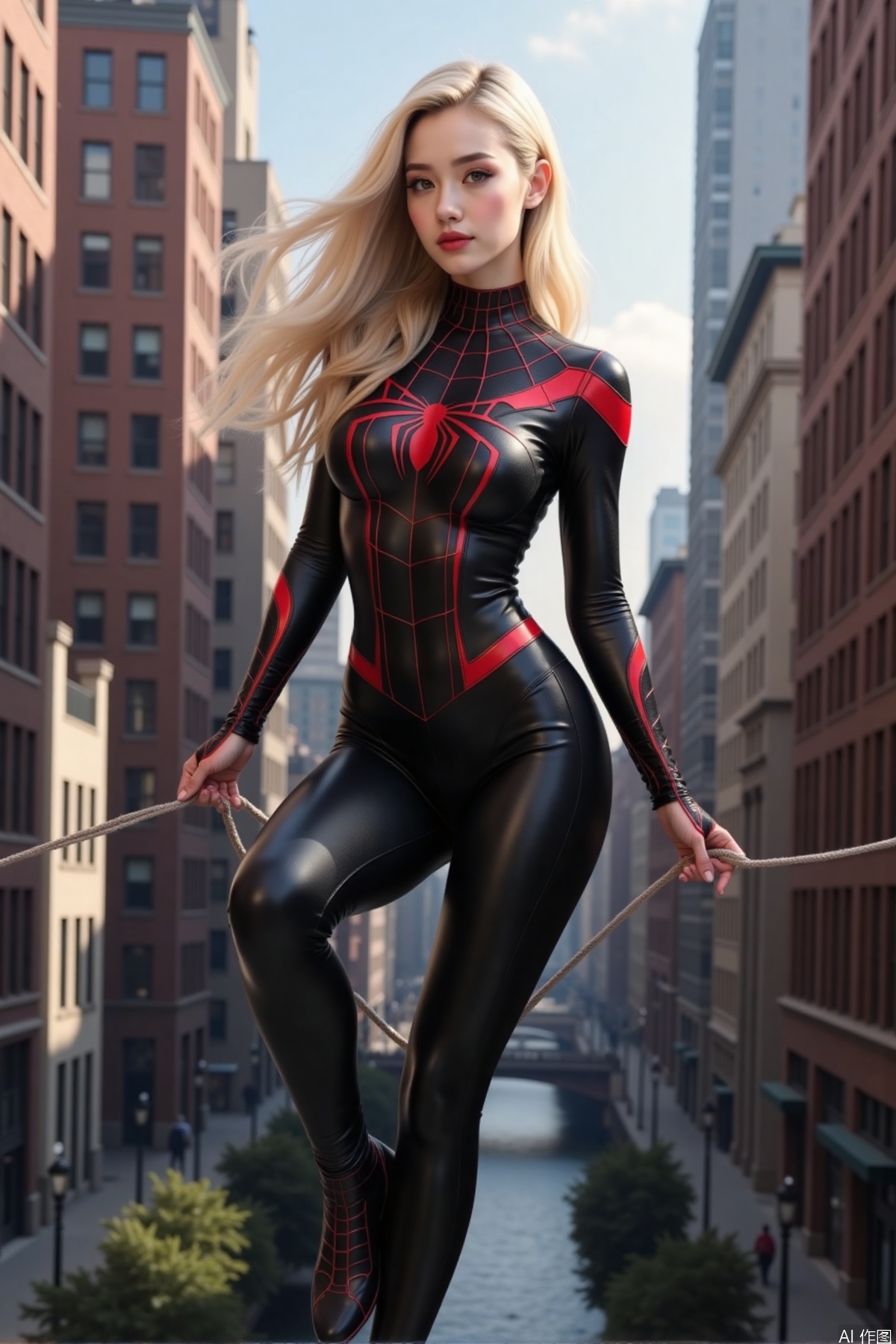 Realistic photo of a young woman with long hair, fair skin, big breasts, female Spider-Man leather suit, long legs, full body, using spider silk to shuttle between tall buildings,