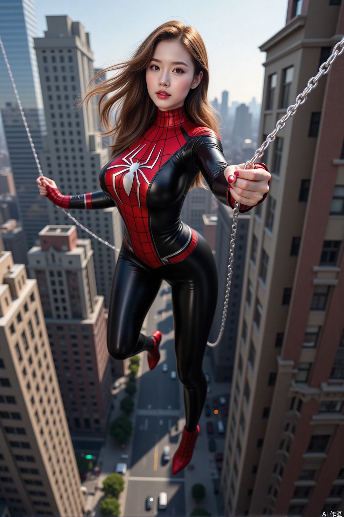 Realistic photo of a young woman with long hair, fair skin, big breasts, female Spider-Man leather suit, long legs, full body, using spider silk to shuttle between tall buildings,