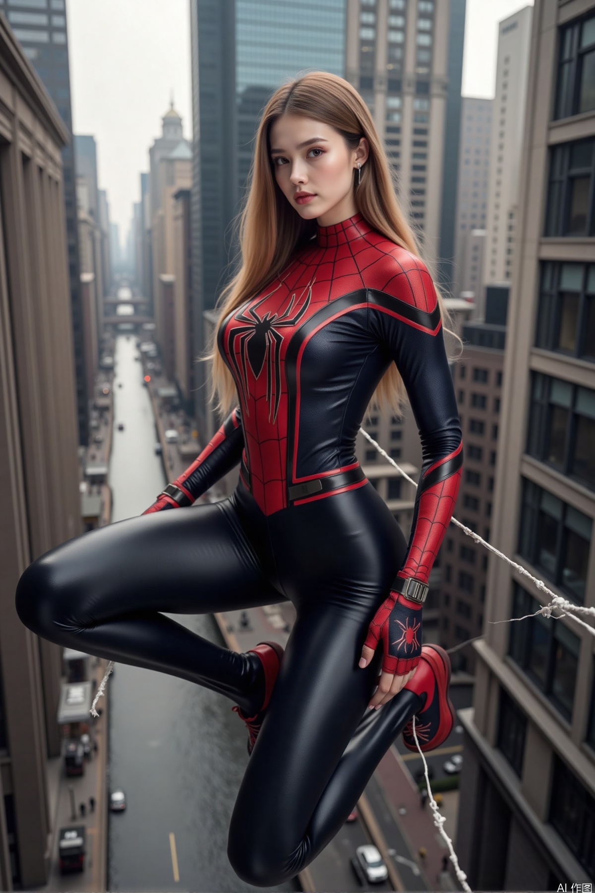 Realistic photo of a young woman with long hair, fair skin, big breasts, female Spider-Man leather suit, long legs, full body, using spider silk to shuttle between tall buildings,