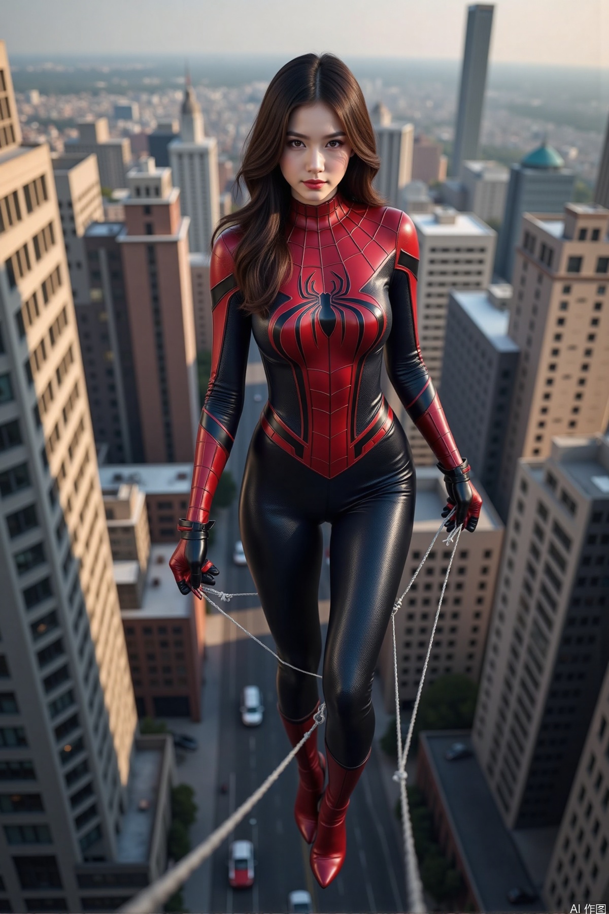 Realistic photo of a young woman with long hair, fair skin, big breasts, female Spider-Man leather suit, long legs, full body, using spider silk to shuttle between tall buildings,
