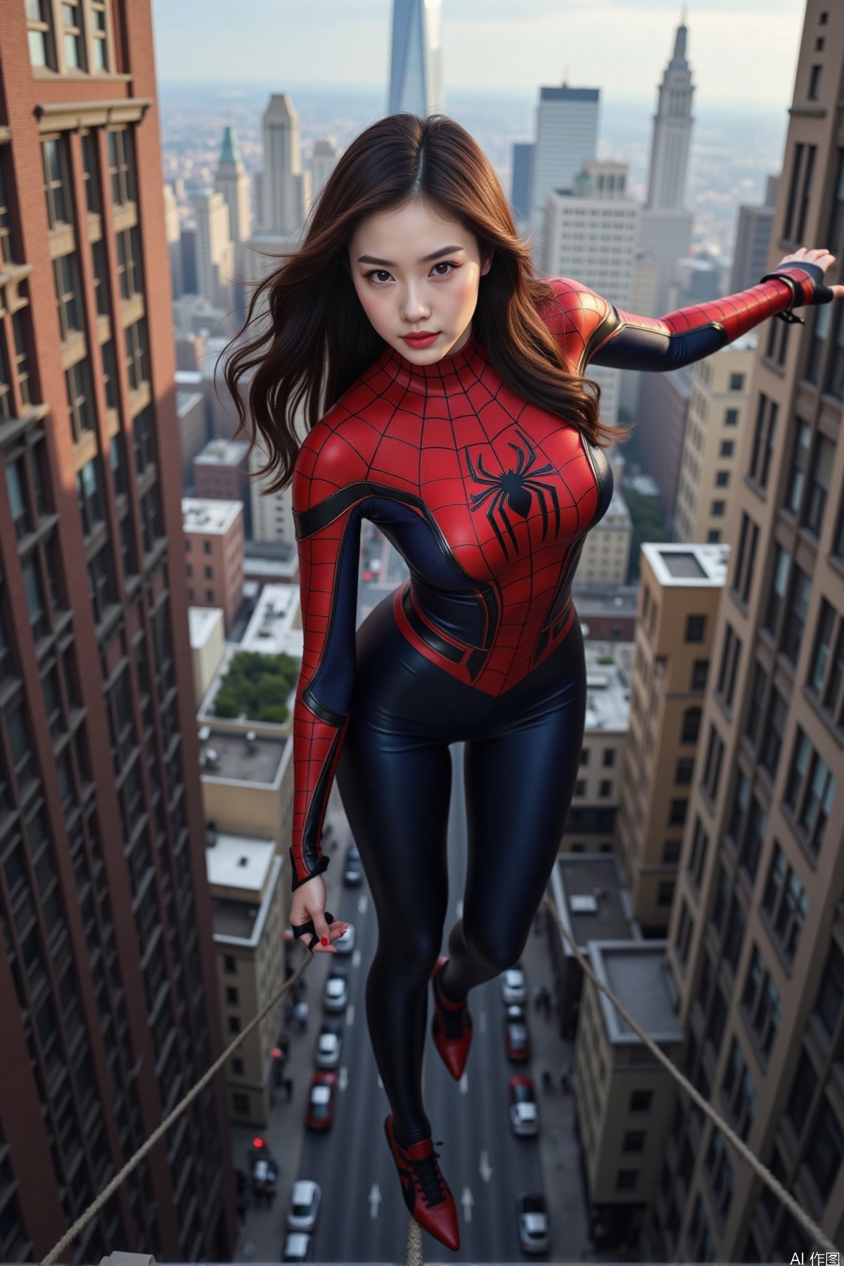 Realistic photo of a young woman with long hair, fair skin, big breasts, female Spider-Man leather suit, long legs, full body, using spider silk to shuttle between tall buildings,