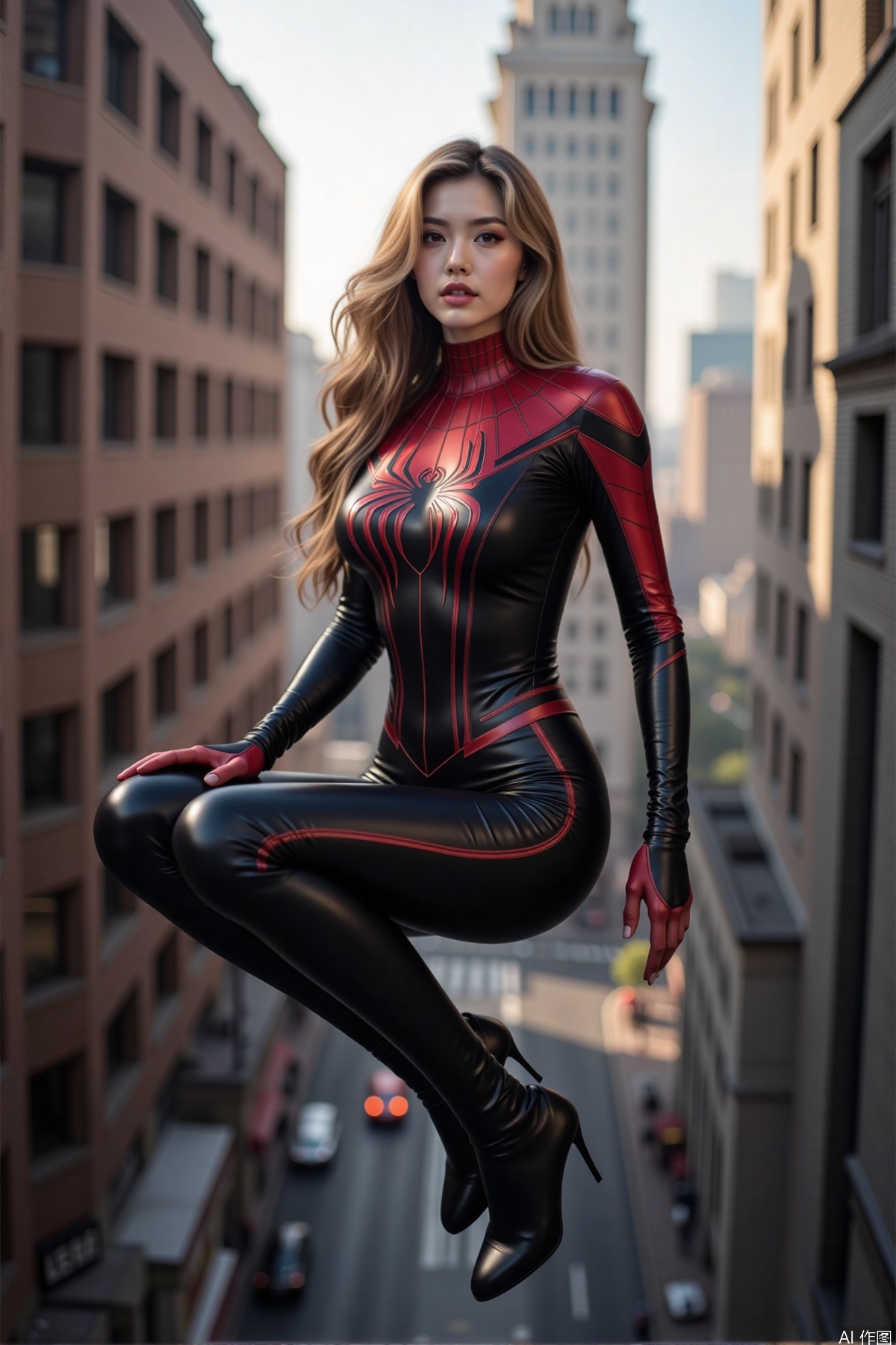 Realistic photo of a young woman with long hair, fair skin, big breasts, female Spider-Man leather suit, long legs, full body, using spider silk to shuttle between tall buildings,