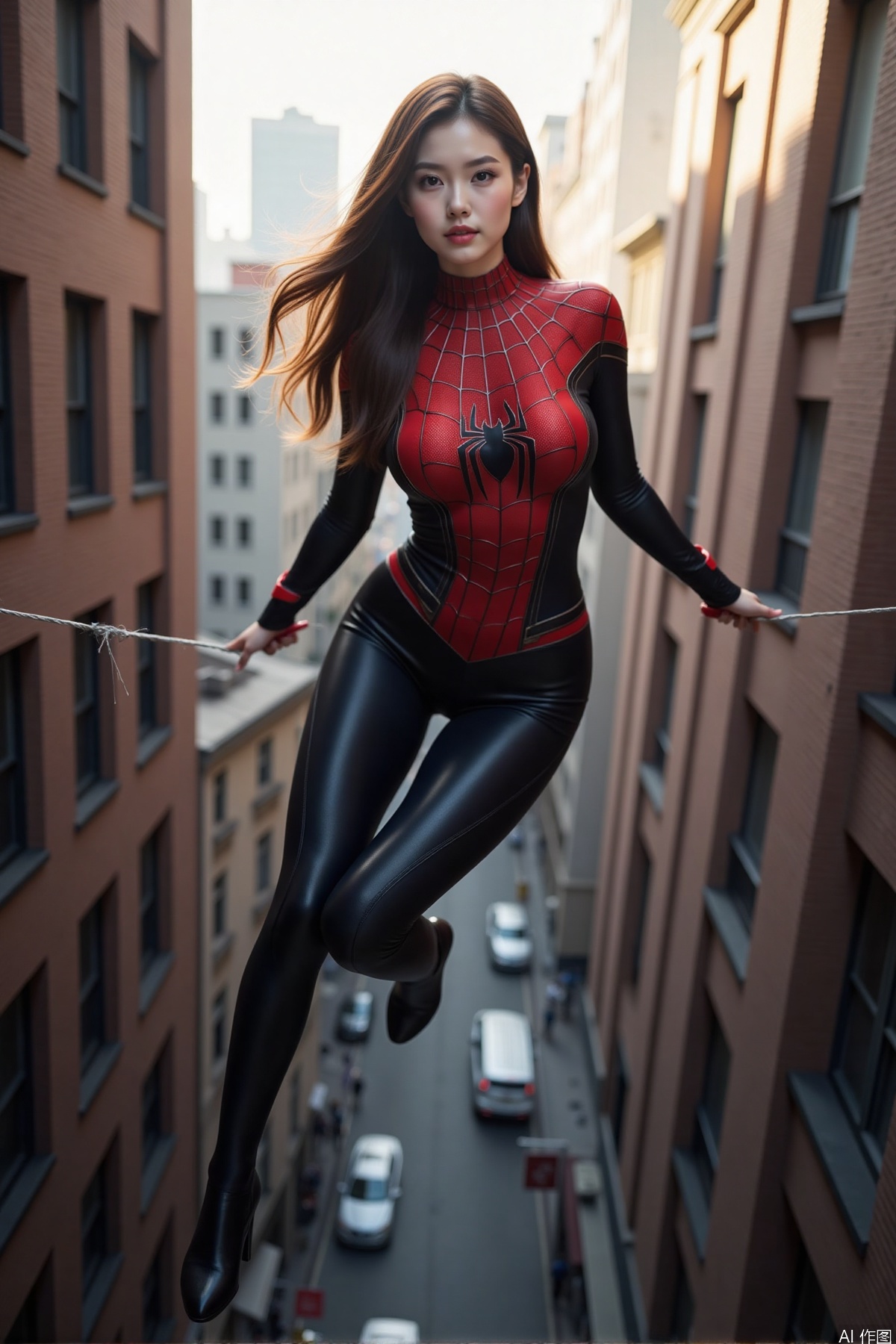 Realistic photo of a young woman with long hair, fair skin, big breasts, female Spider-Man leather suit, long legs, full body, using spider silk to shuttle between tall buildings,