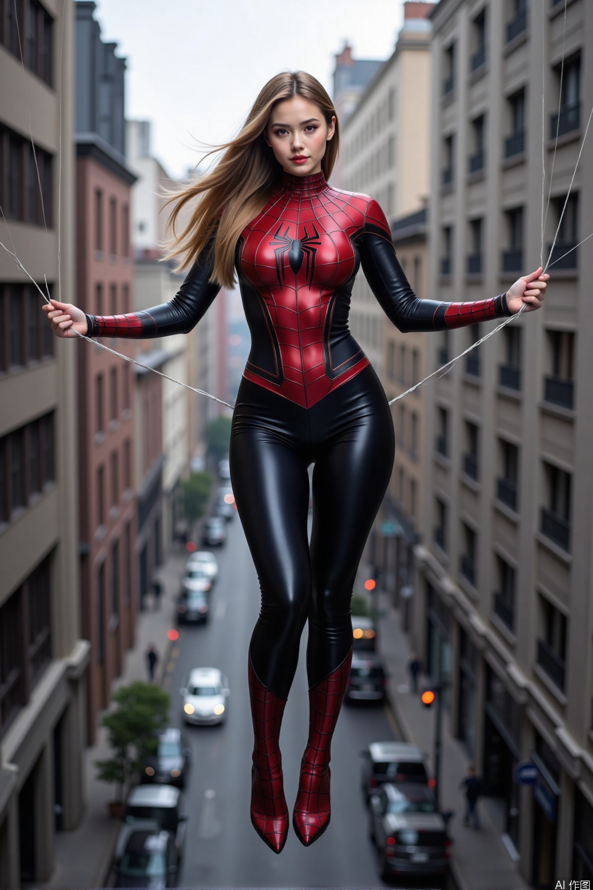 Realistic photo of a young woman with long hair, fair skin, big breasts, female Spider-Man leather suit, long legs, full body, using spider silk to shuttle between tall buildings,