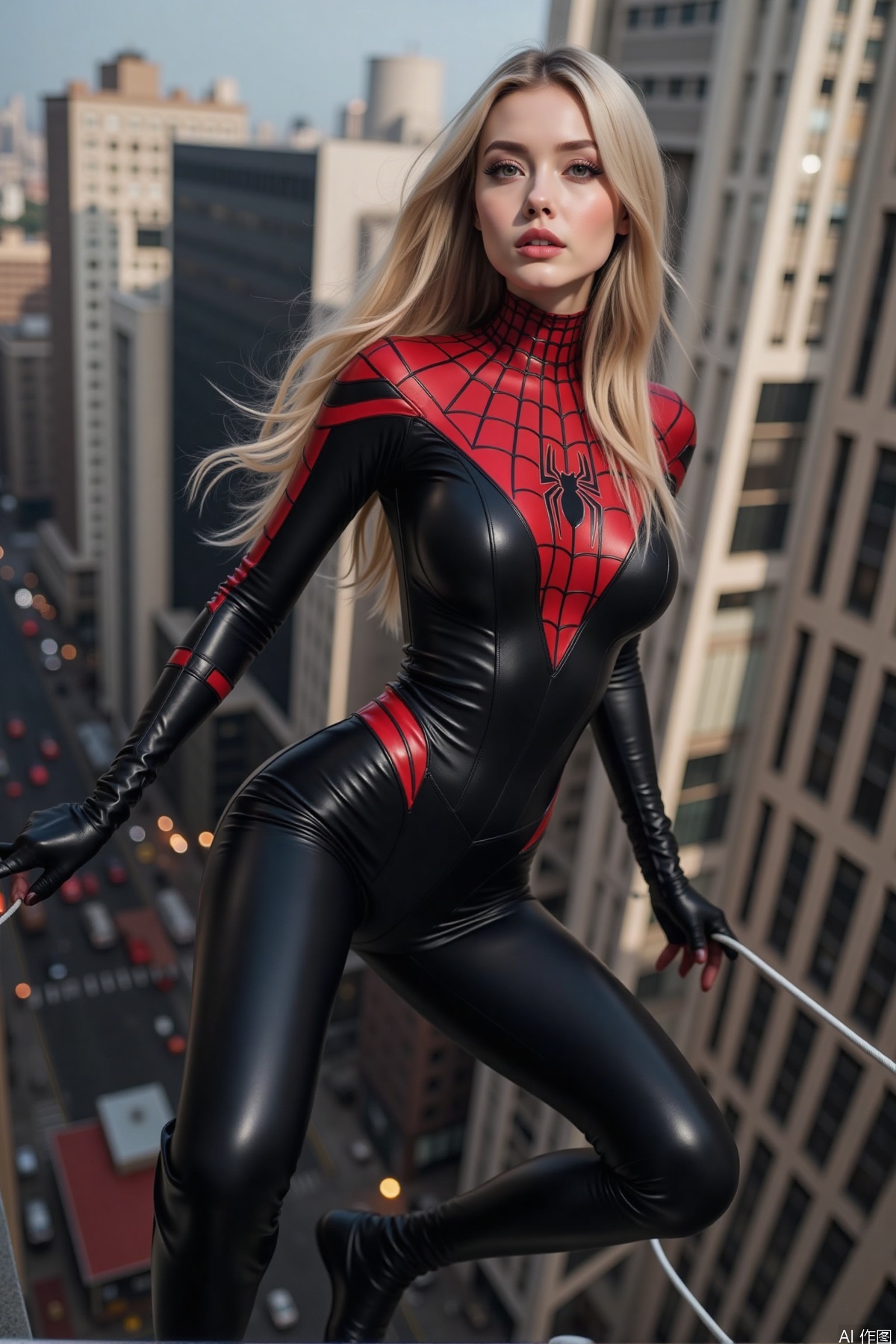 Realistic photo of a young woman with long hair, fair skin, big breasts, female Spider-Man leather suit, long legs, full body, using spider silk to shuttle between tall buildings,
