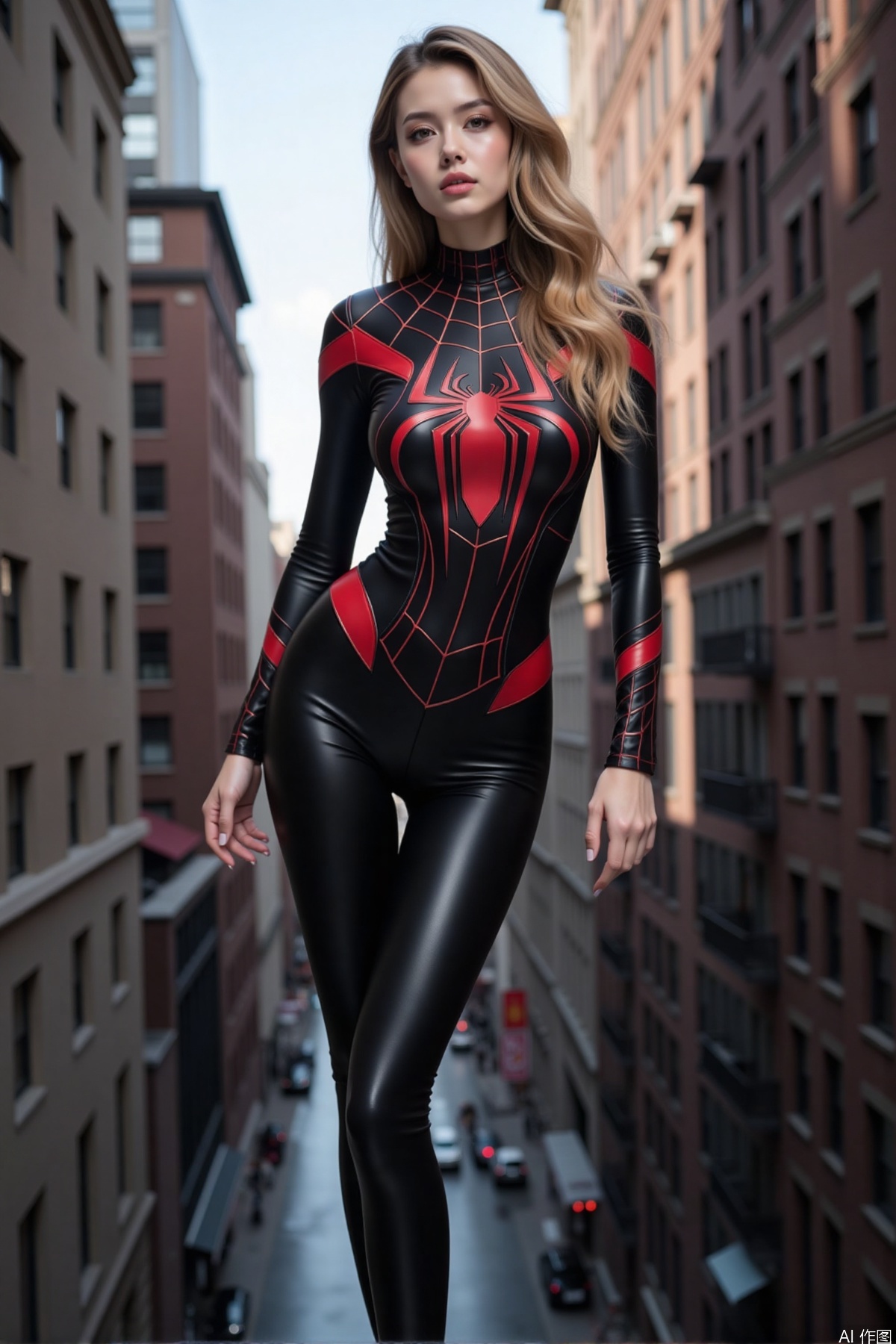 Realistic photo of a young woman with long hair, fair skin, big breasts, female Spider-Man leather suit, long legs, full body, using spider silk to shuttle between tall buildings,