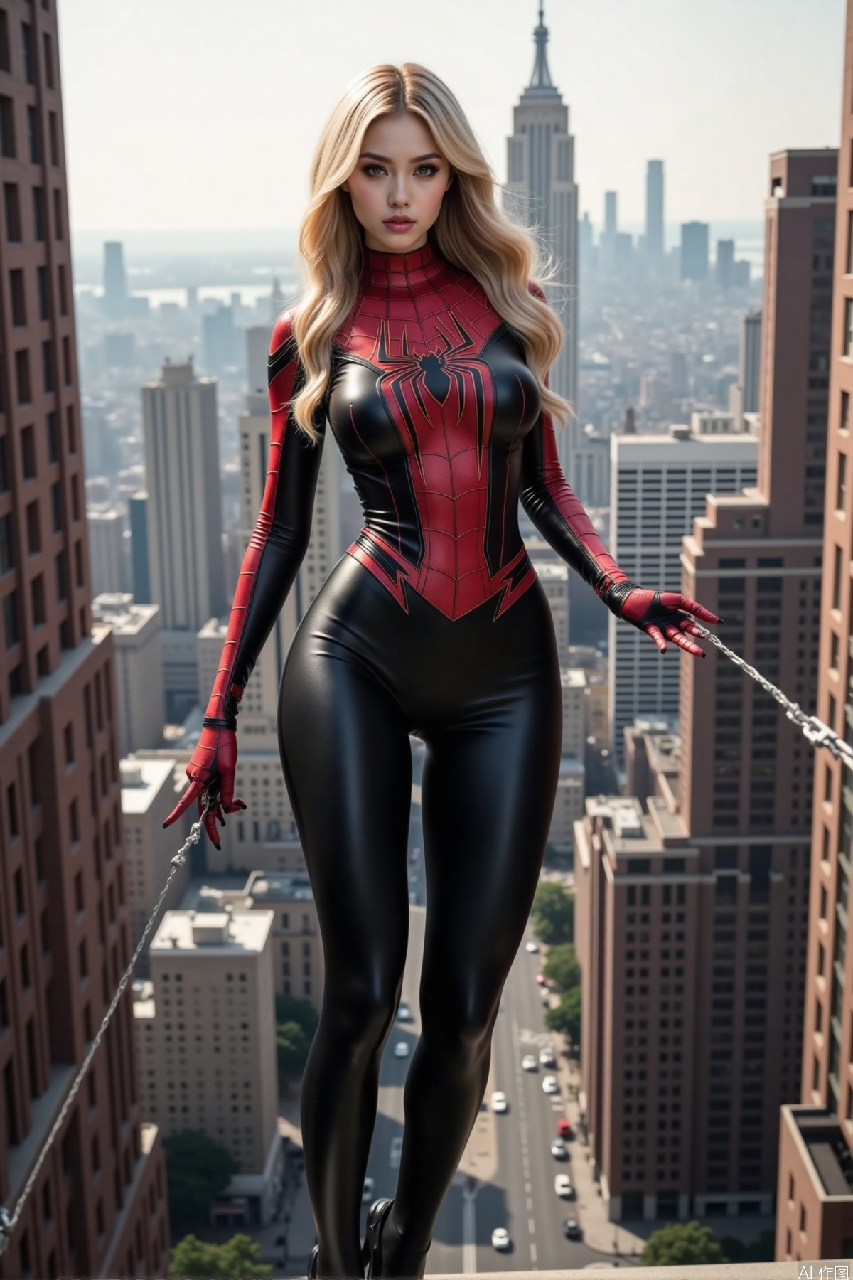 Realistic photo of a young woman with long hair, fair skin, big breasts, female Spider-Man leather suit, long legs, full body, using spider silk to shuttle between tall buildings,