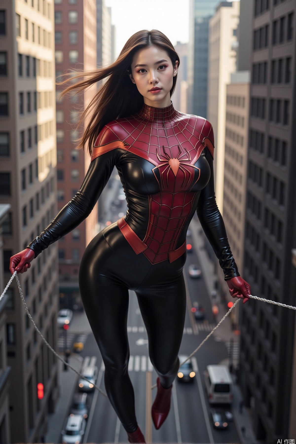 Realistic photo of a young woman with long hair, fair skin, big breasts, female Spider-Man leather suit, long legs, full body, using spider silk to shuttle between tall buildings,