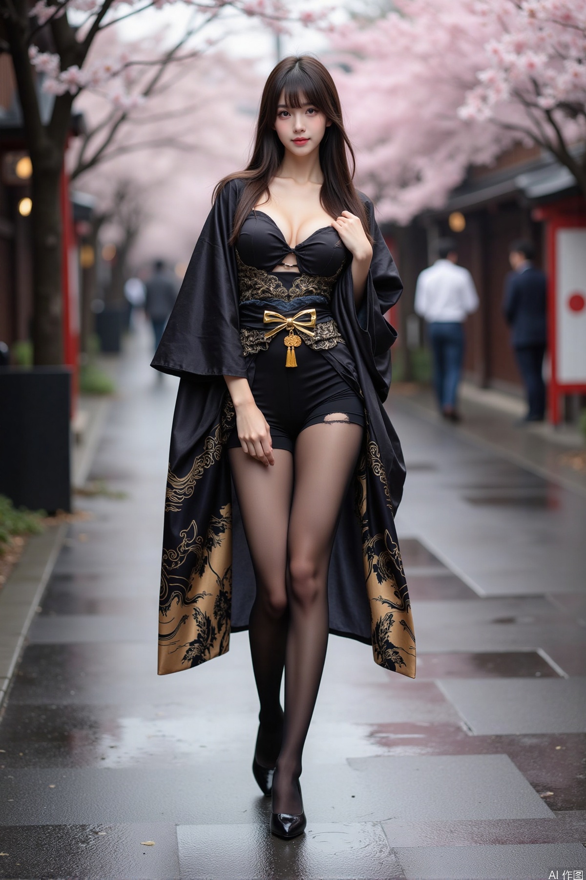 Realistic photo of a young woman with long hair, fair skin, big breast, black kimono decorated with golden pattern, torn pantyhose, long legs, high heels, wet Japanese street, cherry blossoms,