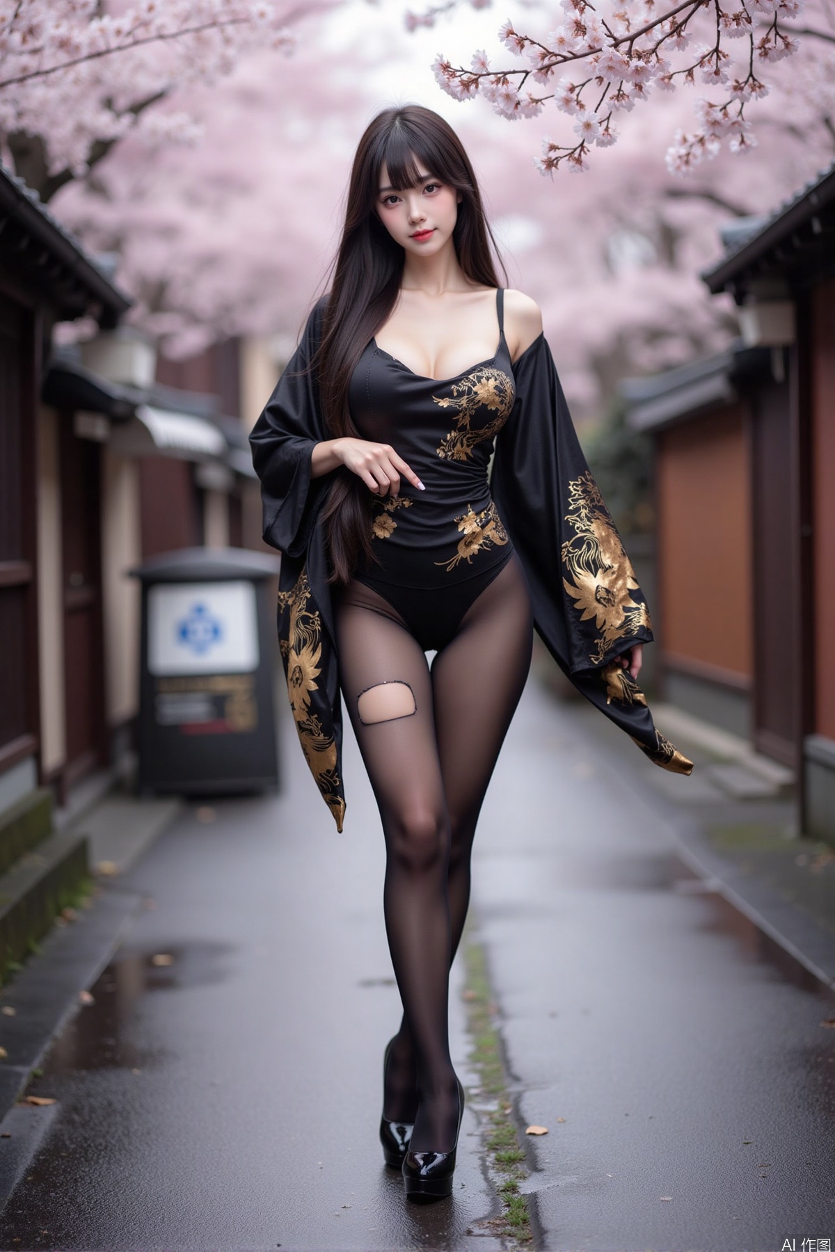 Realistic photo of a young woman with long hair, fair skin, big breast, black kimono decorated with golden pattern, torn pantyhose, long legs, high heels, wet Japanese street, cherry blossoms,