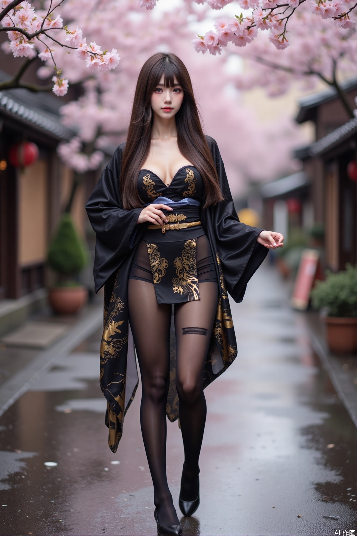 Realistic photo of a young woman with long hair, fair skin, big breast, black kimono decorated with golden pattern, torn pantyhose, long legs, high heels, wet Japanese street, cherry blossoms,