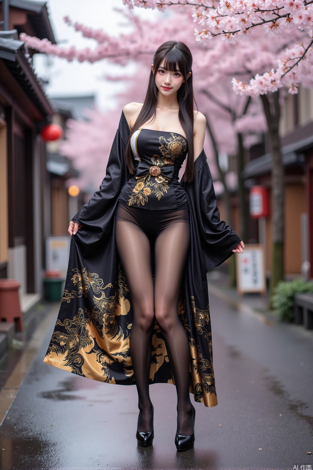 Realistic photo of a young woman with long hair, fair skin, big breast, black kimono decorated with golden pattern, pantyhose, long legs, high heels, wet Japanese street, cherry blossoms,