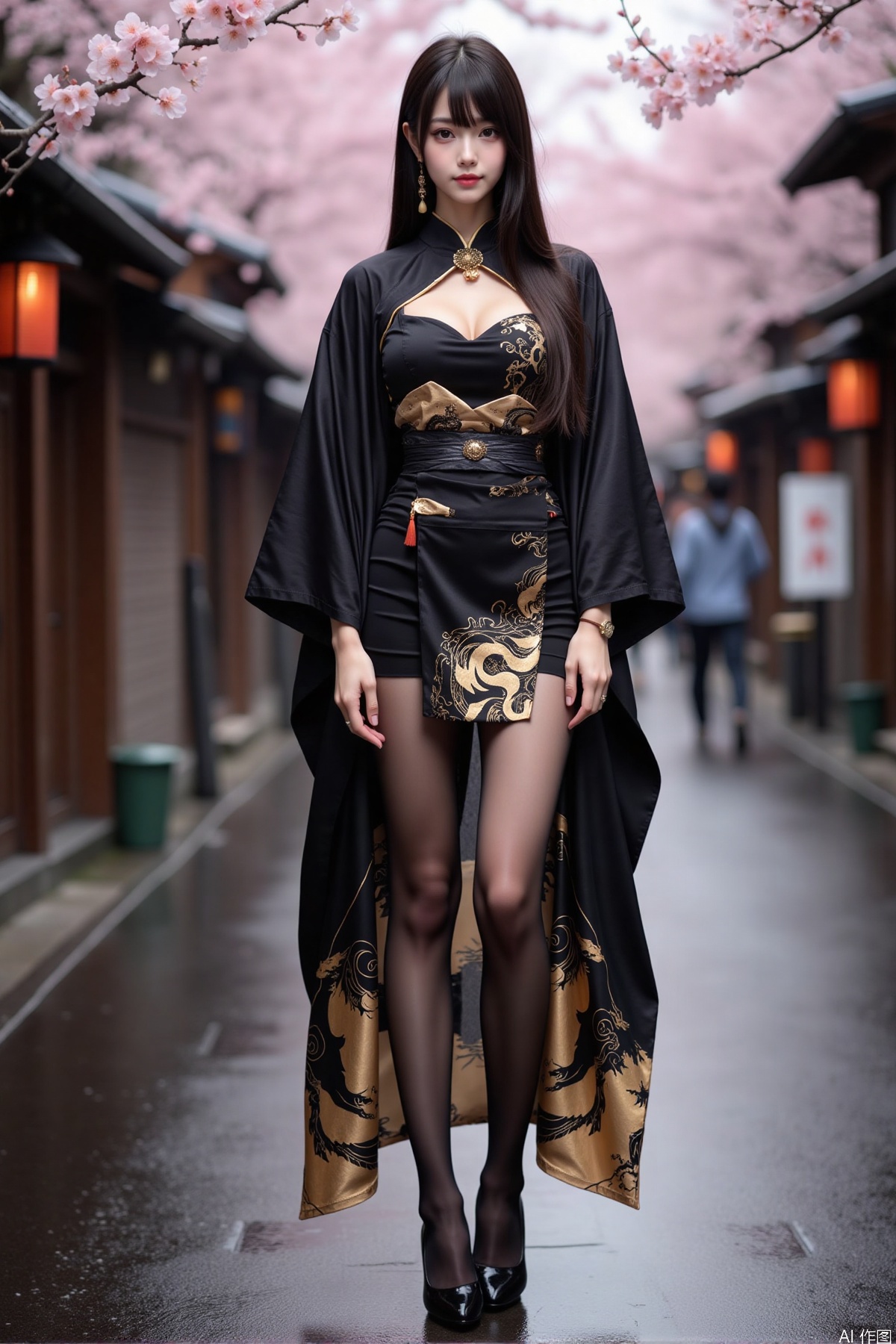 Realistic photo of a young woman with long hair, fair skin, big breast, black kimono decorated with golden pattern, torn pantyhose, long legs, high heels, wet Japanese street, cherry blossoms,