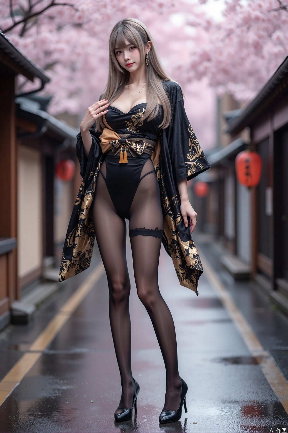 Realistic photo of a young woman with long hair, fair skin, big breast, black kimono decorated with golden pattern, torn pantyhose, long legs, high heels, wet Japanese street, cherry blossoms,