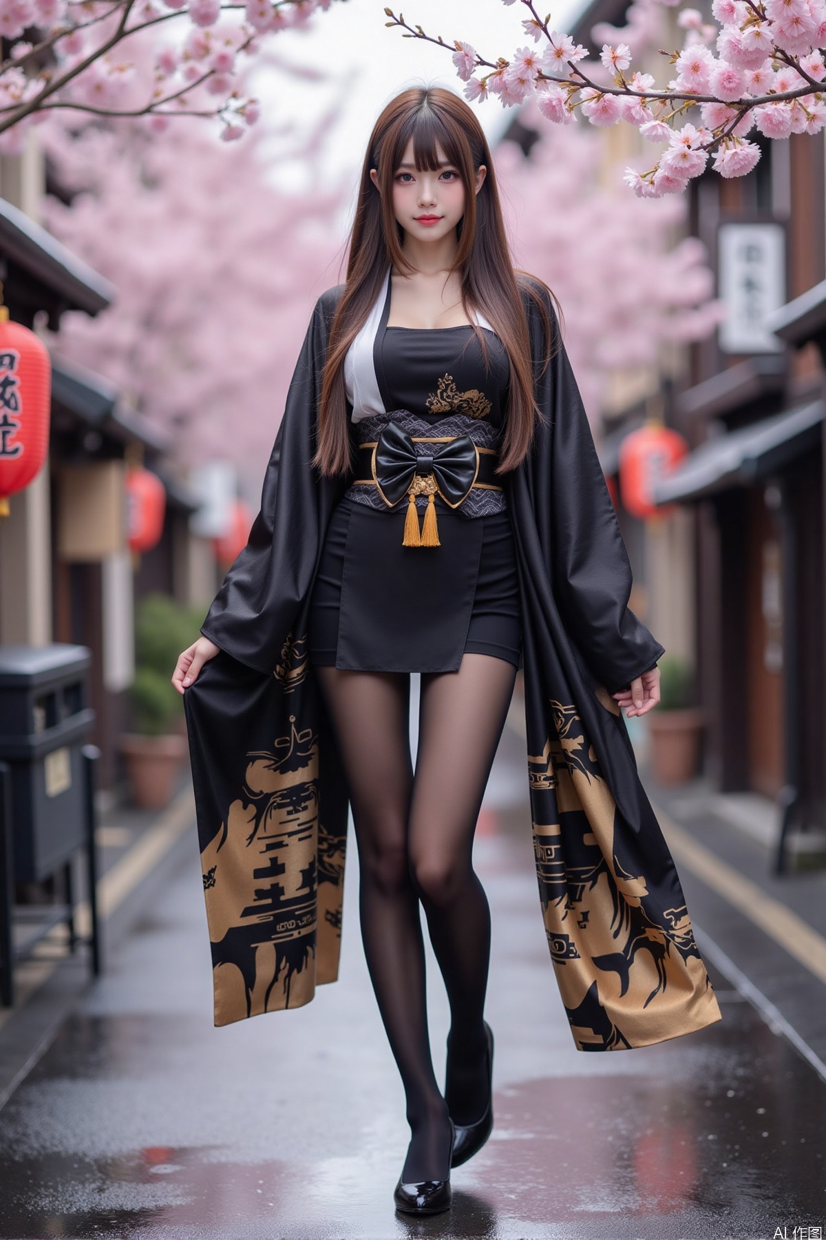 Realistic photo of a young woman with long hair, fair skin, big breast, black kimono decorated with golden pattern, pantyhose, long legs, high heels, wet Japanese street, cherry blossoms,
