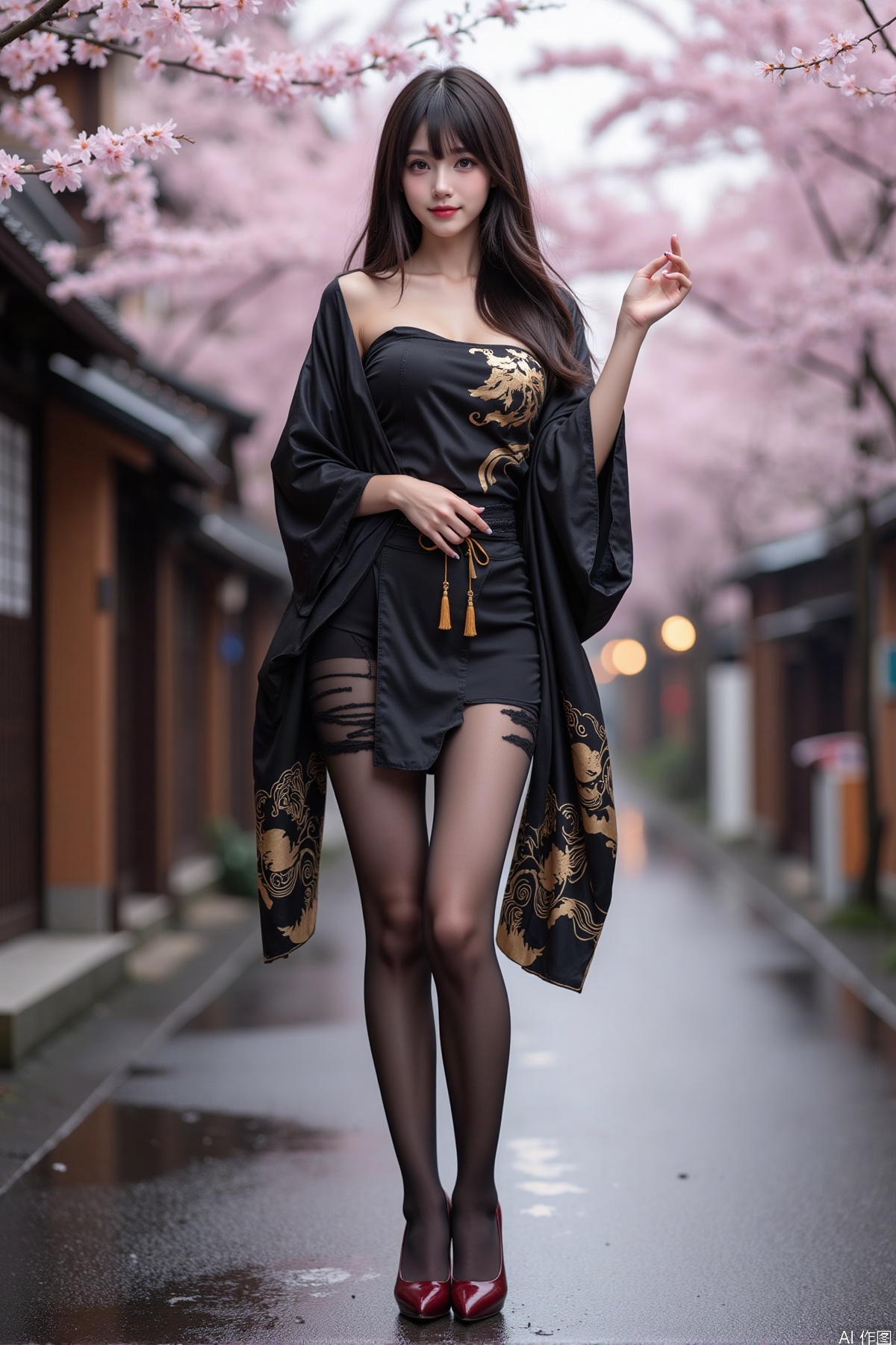 Realistic photo of a young woman with long hair, fair skin, big breast, black kimono decorated with golden pattern, torn pantyhose, long legs, high heels, wet Japanese street, cherry blossoms,