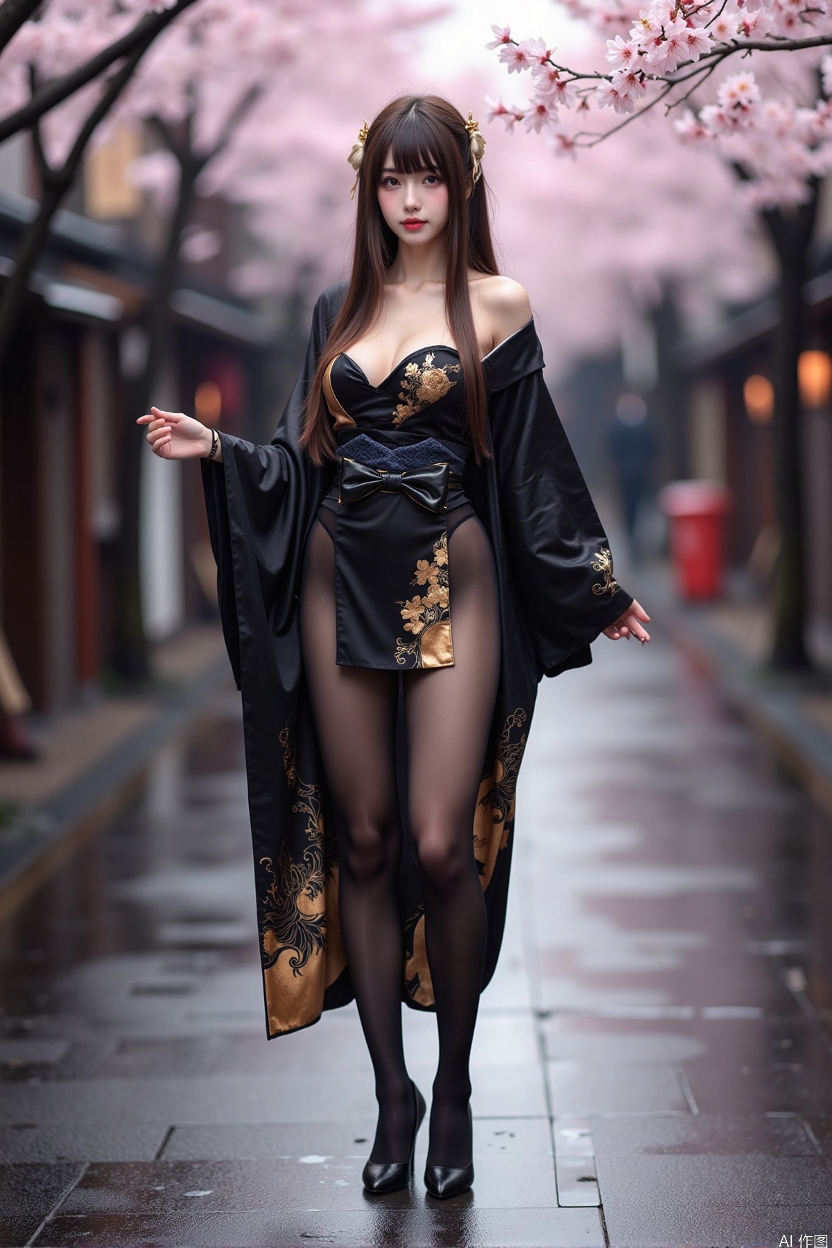 Realistic photo of a young woman with long hair, fair skin, big breast, black kimono decorated with golden pattern, torn pantyhose, long legs, high heels, wet Japanese street, cherry blossoms,