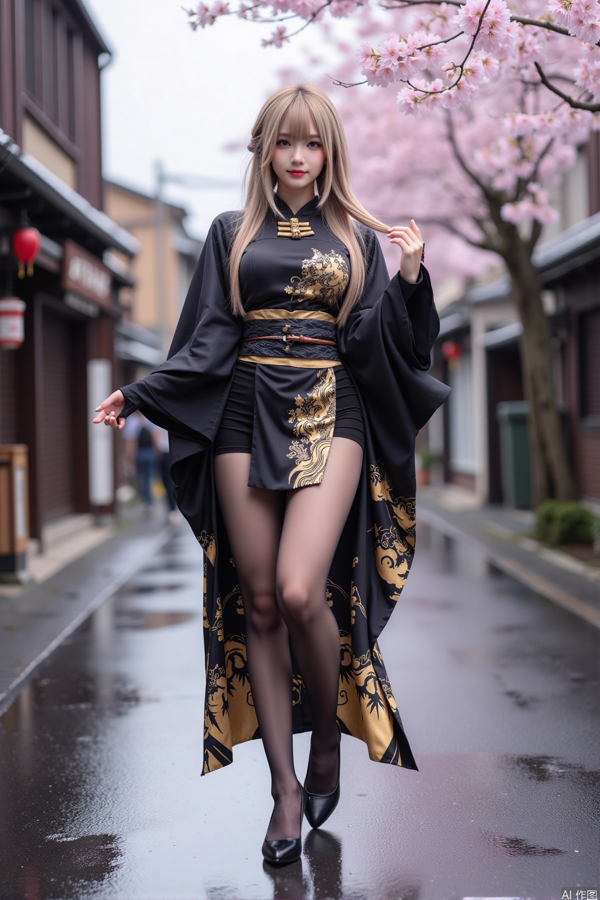 Realistic photo of a young woman with long hair, fair skin, big breast, black kimono decorated with golden pattern, pantyhose, long legs, high heels, wet Japanese street, cherry blossoms,