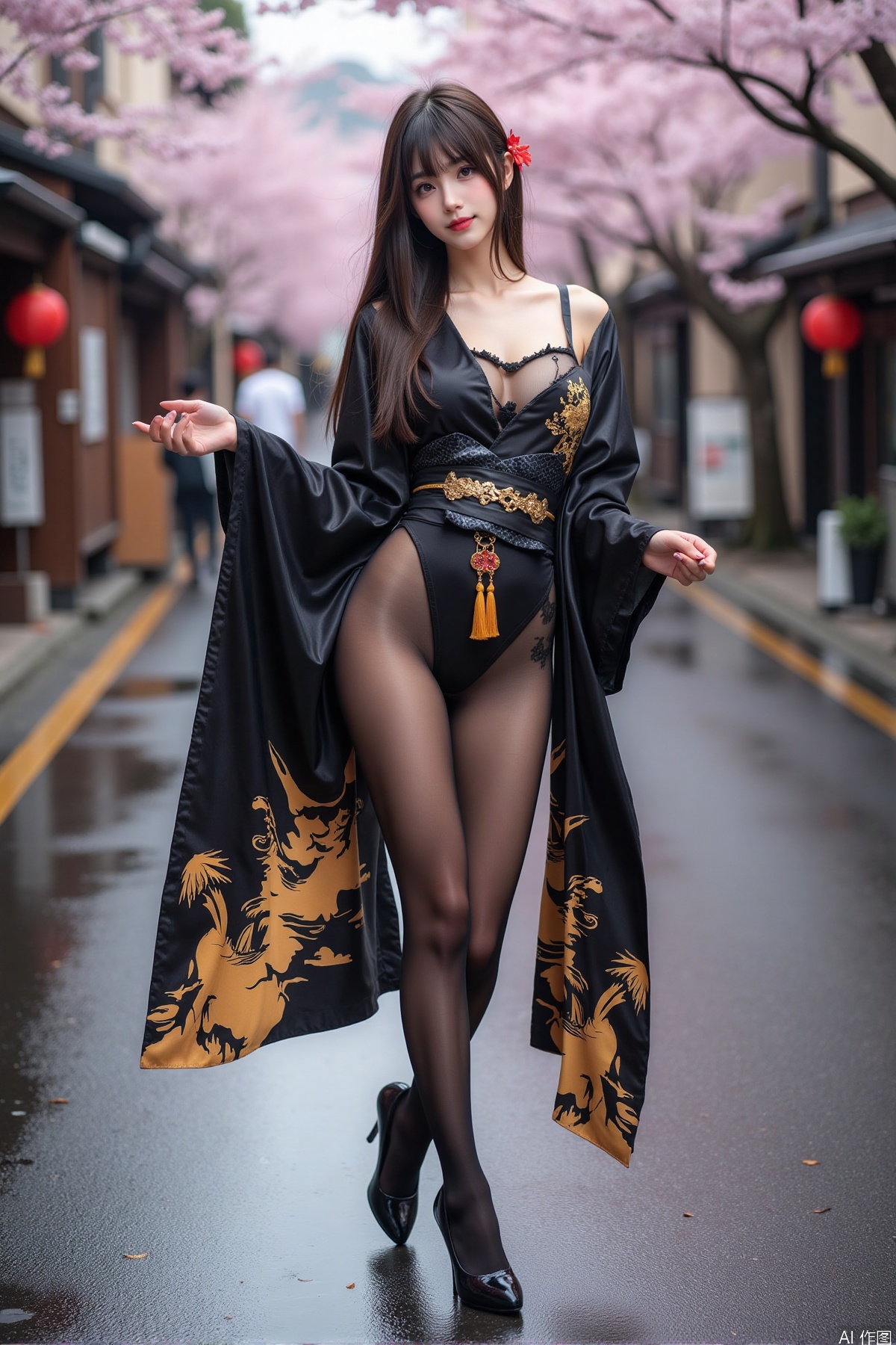 Realistic photo of a young woman with long hair, fair skin, big breast, black kimono decorated with golden pattern, torn pantyhose, long legs, high heels, wet Japanese street, cherry blossoms,