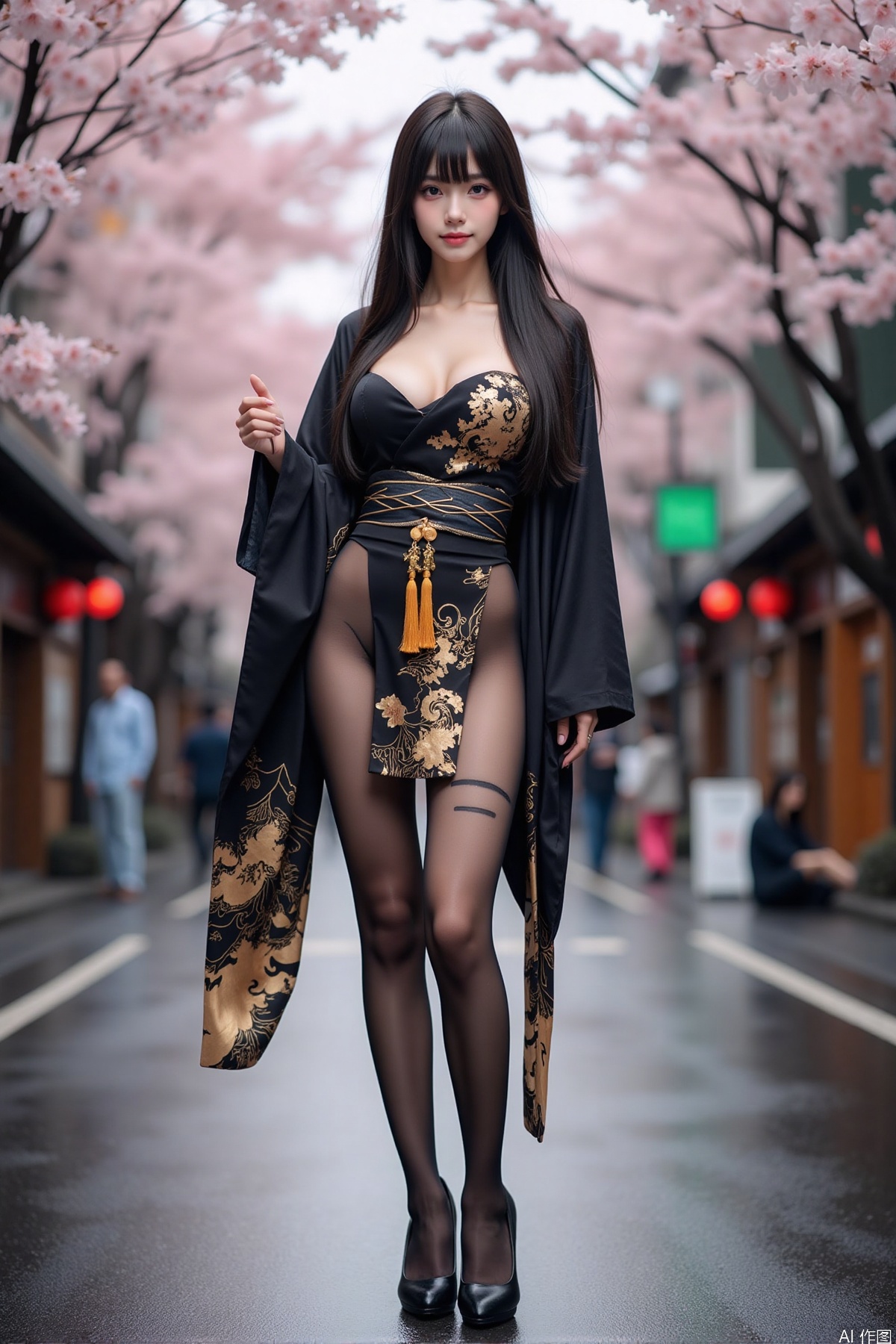 Realistic photo of a young woman with long hair, fair skin, big breast, black kimono decorated with golden pattern, torn pantyhose, long legs, high heels, wet Japanese street, cherry blossoms,