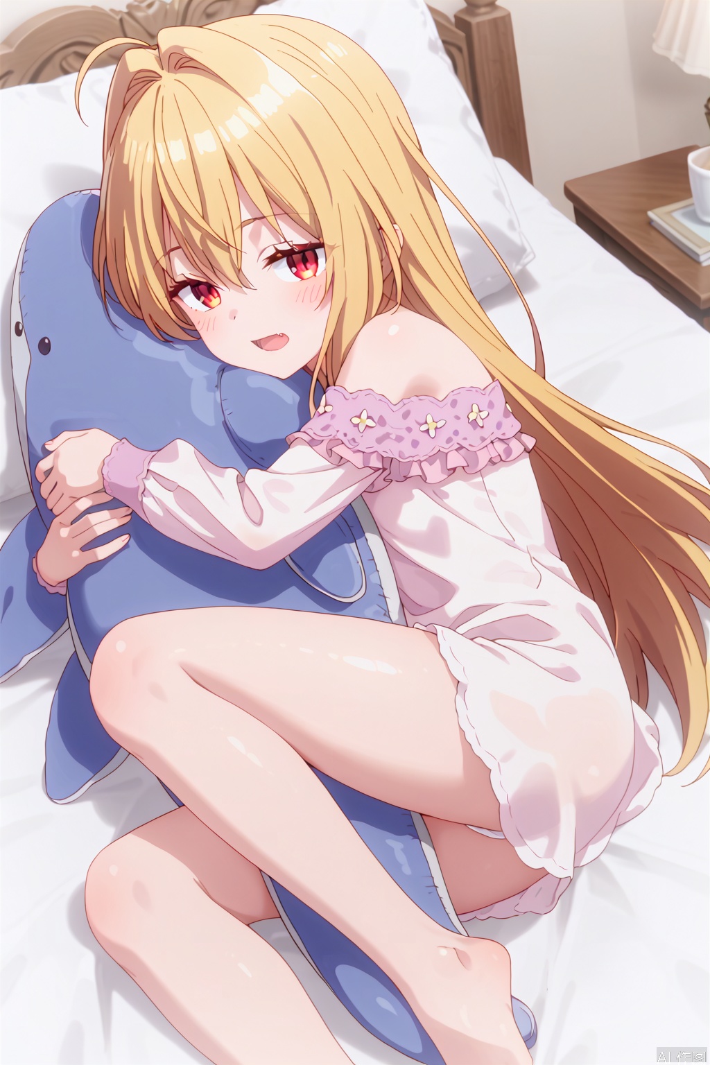 1girl,solo,long hair,blush,open mouth,bangs,blonde hair,red eyes,long sleeves,dress,hair between eyes,bare shoulders,very long hair,ahoge,lying,frills,fang,indoors,off shoulder,pillow,bed,bed sheet,on bed,on side,hair intakes,stuffed toy,pajamas,object hug,,(Thin legs:1.4),bare feet,loli